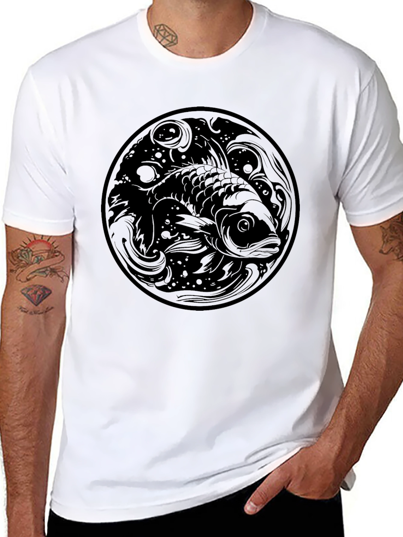 Black Koi Fish Graphic Print Black T-Shirt view 8