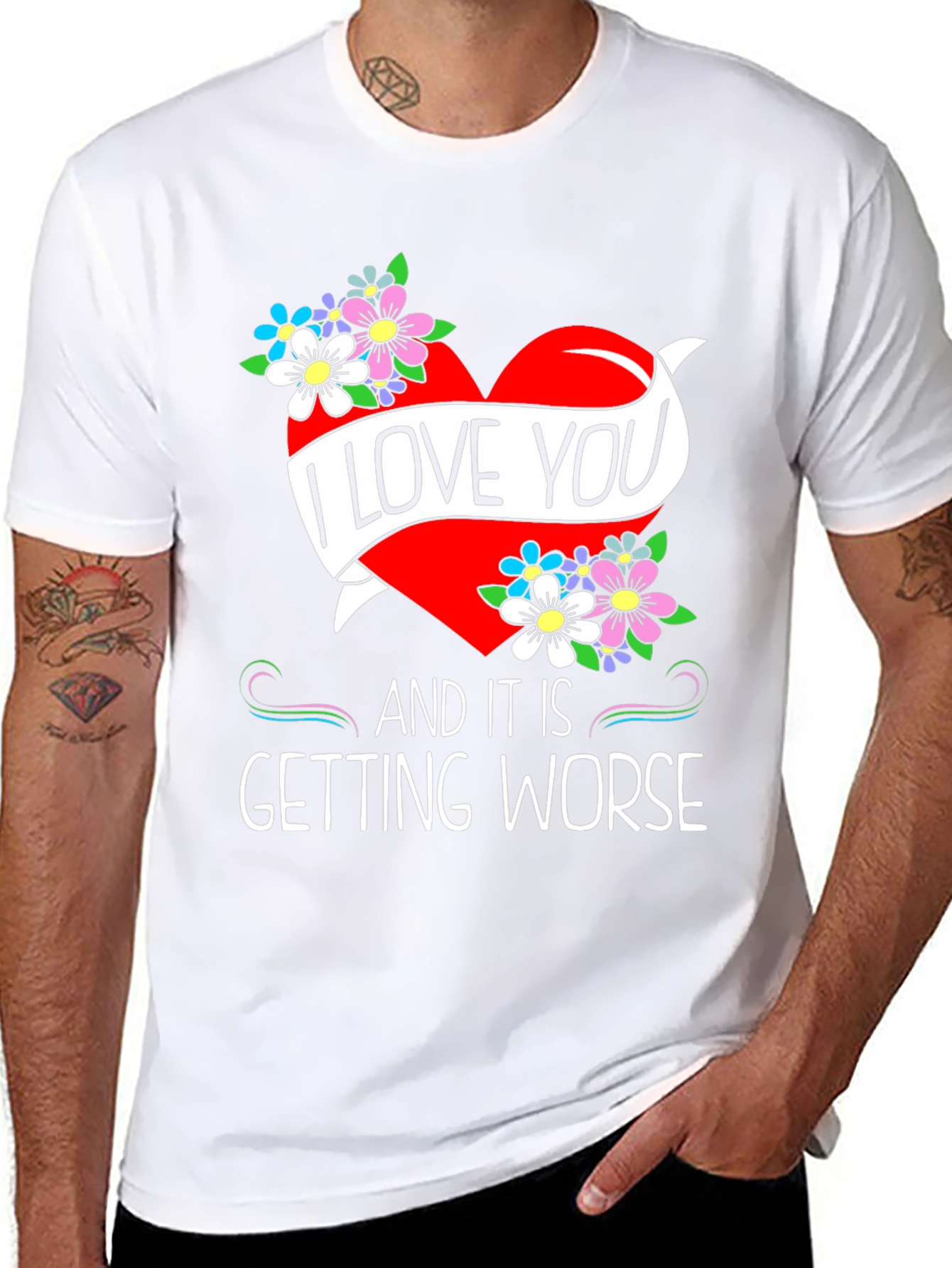 Black I Love You Graphic Tee - Novelty Heart & Flowers Design view 8