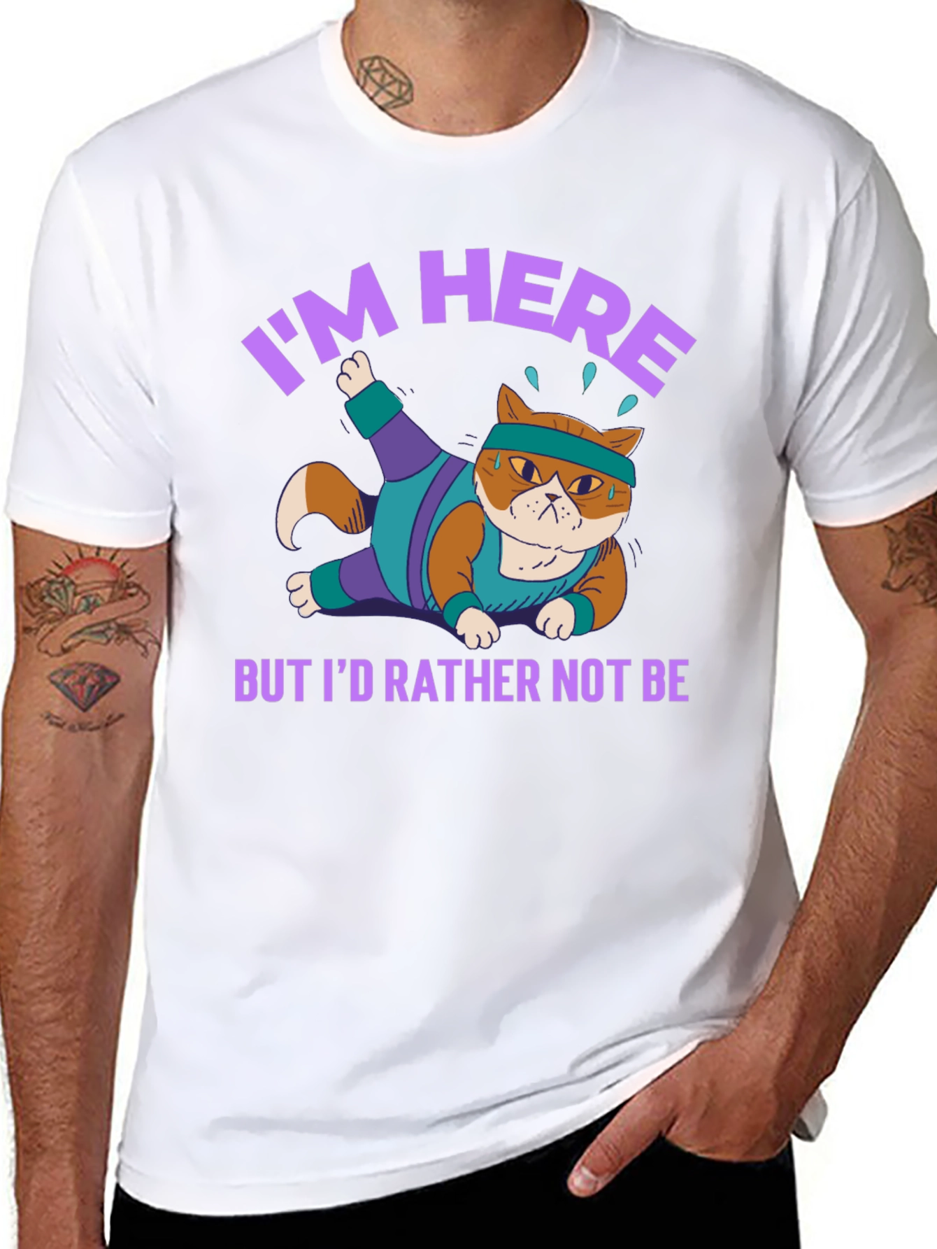 Black Funny Cat Gym T-Shirt I'm Here But I'd Rather Not Be view 8