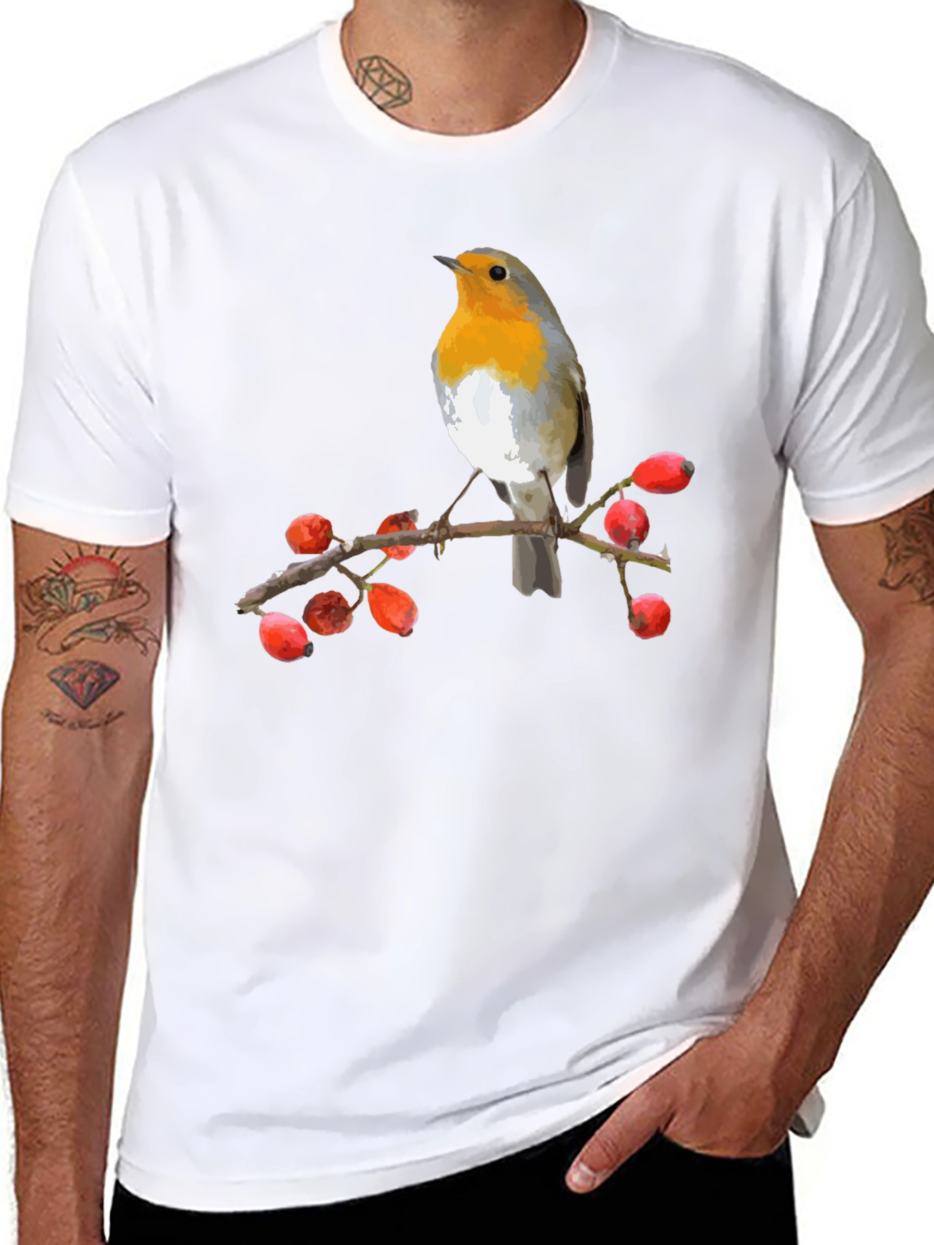 Black Robin Bird on Branch T-Shirt view 8