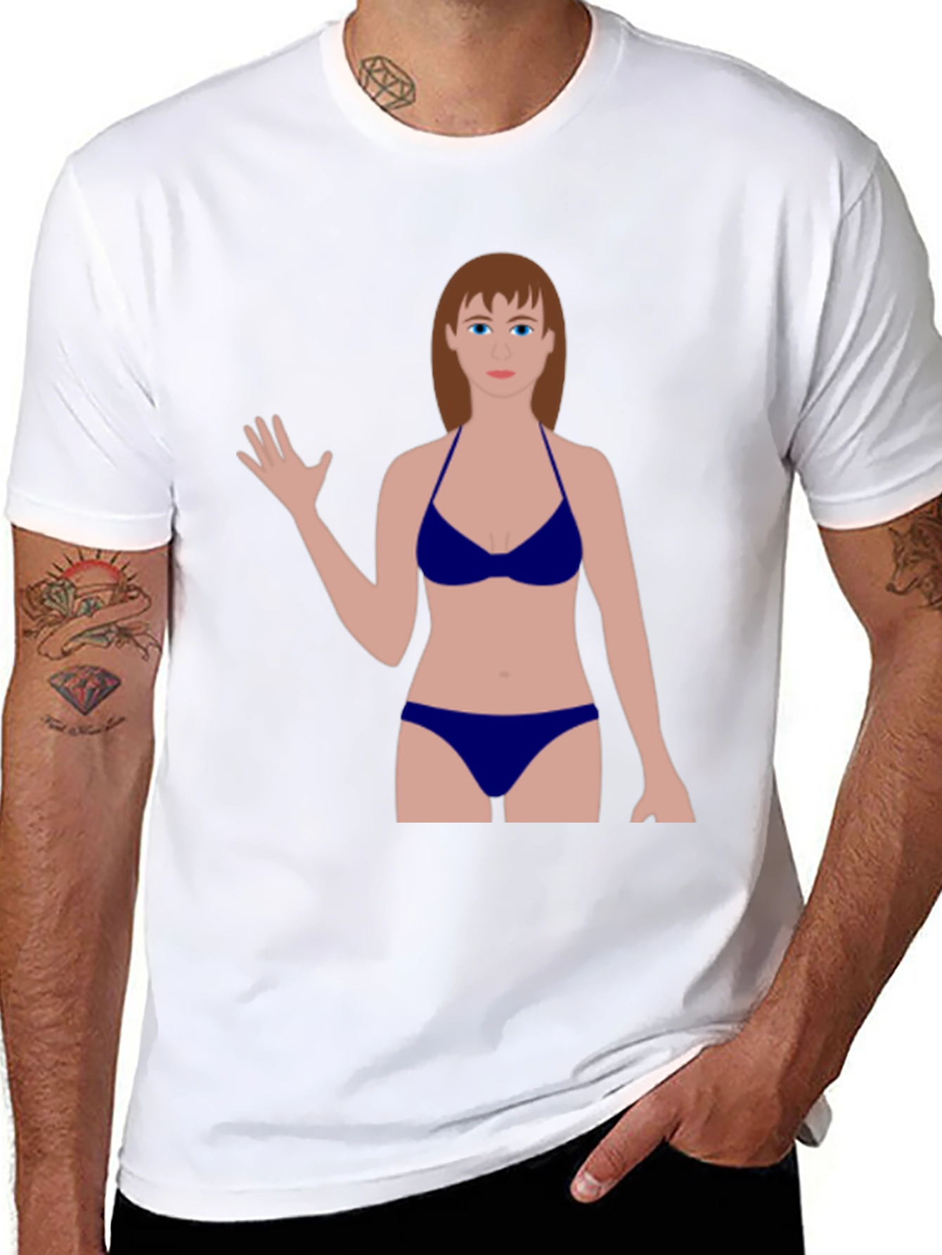 Black Novelty Graphic Tee - Cartoon Woman Swimsuit Design view 8