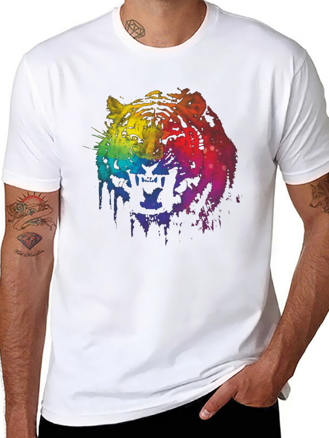Black Rainbow Tiger Graphic Print Black T-Shirt view 8