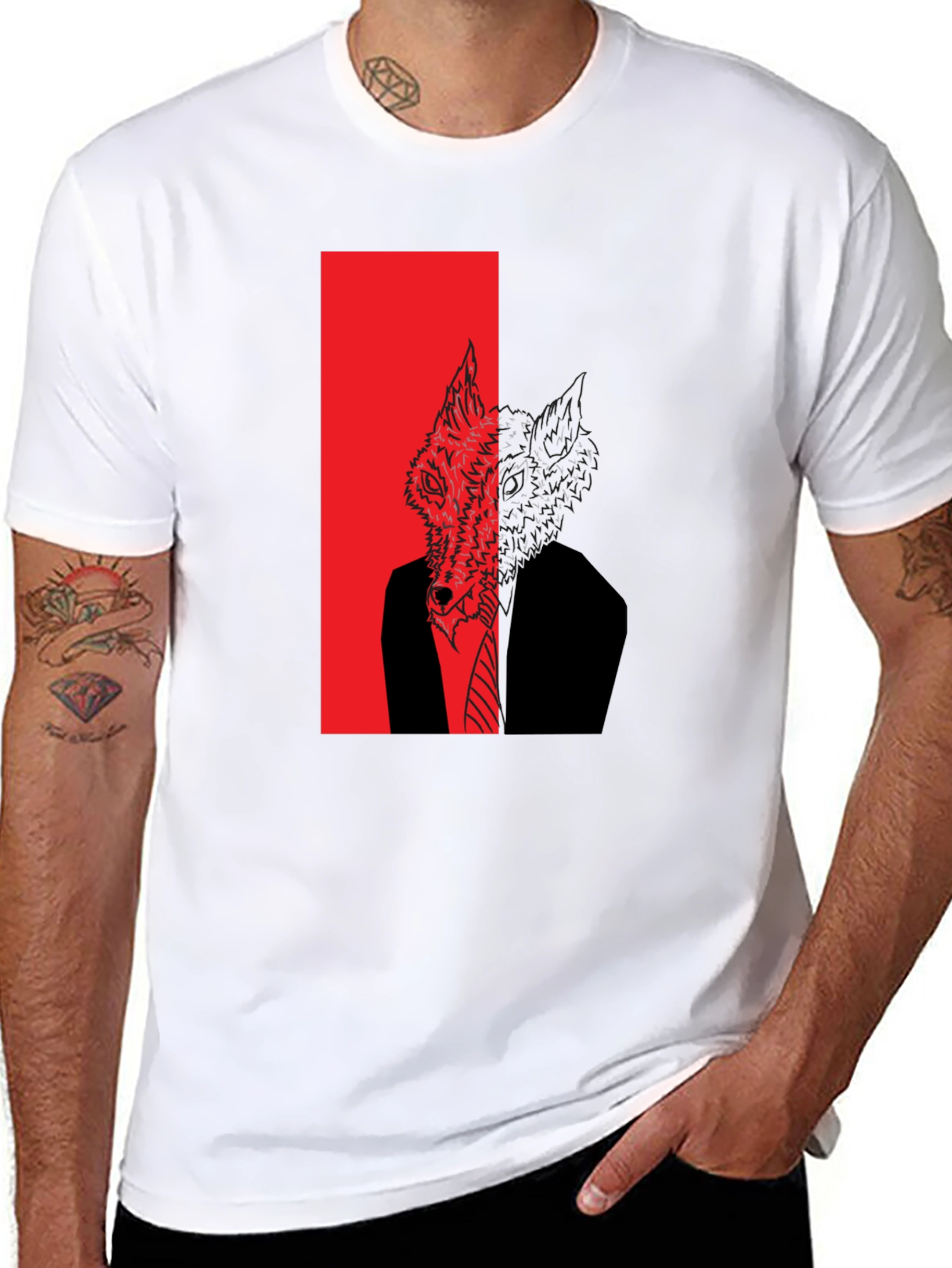 Black Wolf in Suit Graphic Tee - Men's Black T-Shirt view 8