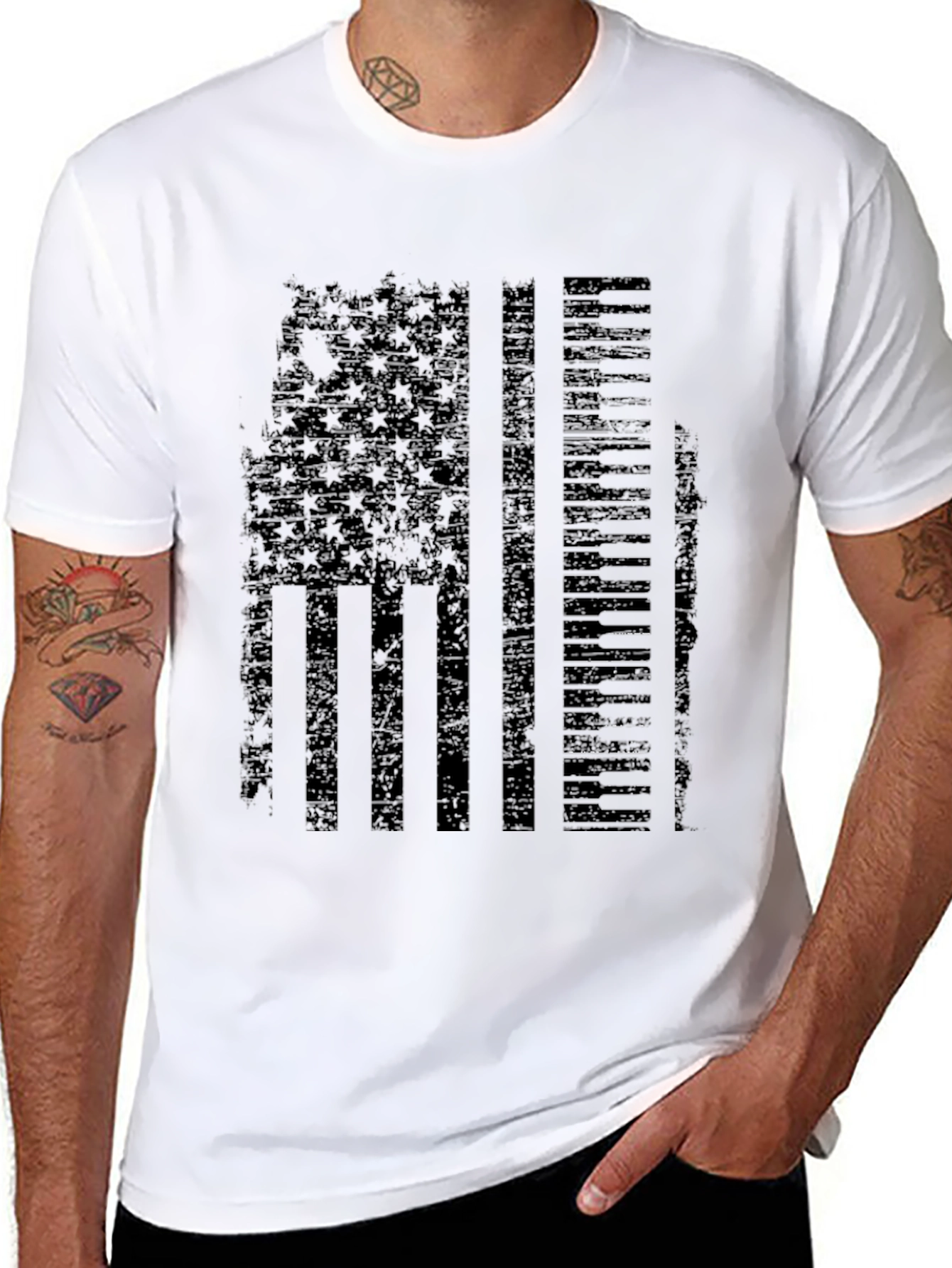 Black Distressed US Flag Piano Keys Graphic T-Shirt view 8