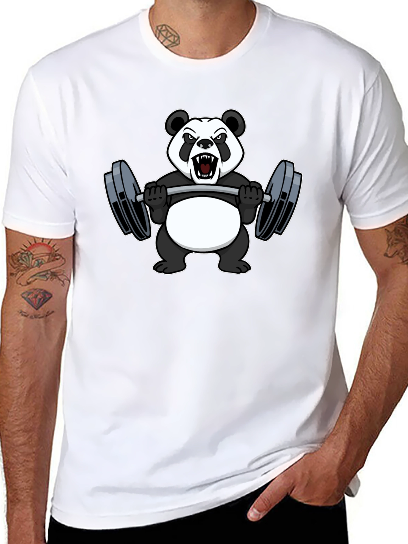 Black Panda Lifting Weights Graphic Tee - Black Cotton T-Shirt view 8