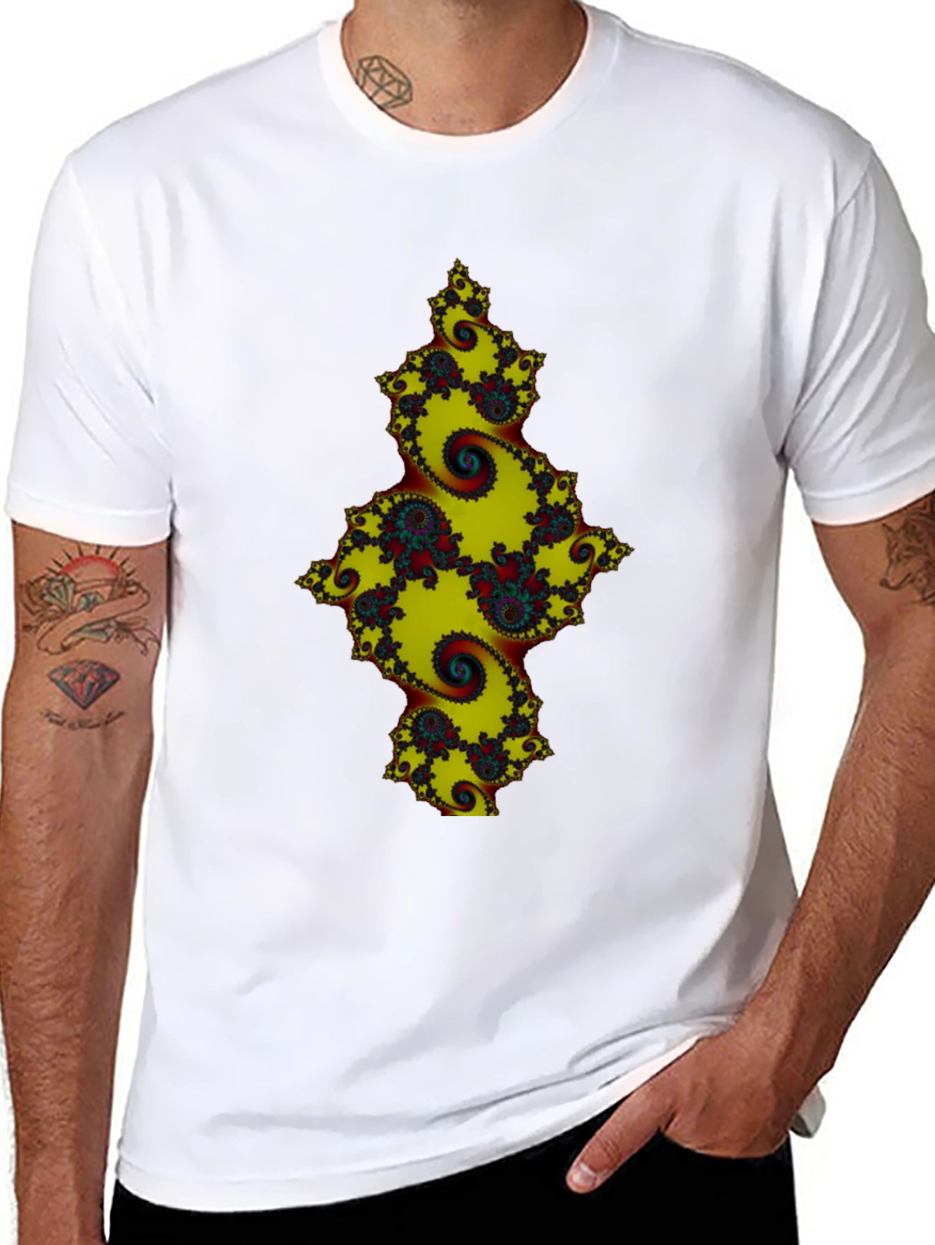 Black Fractal Spiral Graphic Black Tee view 8