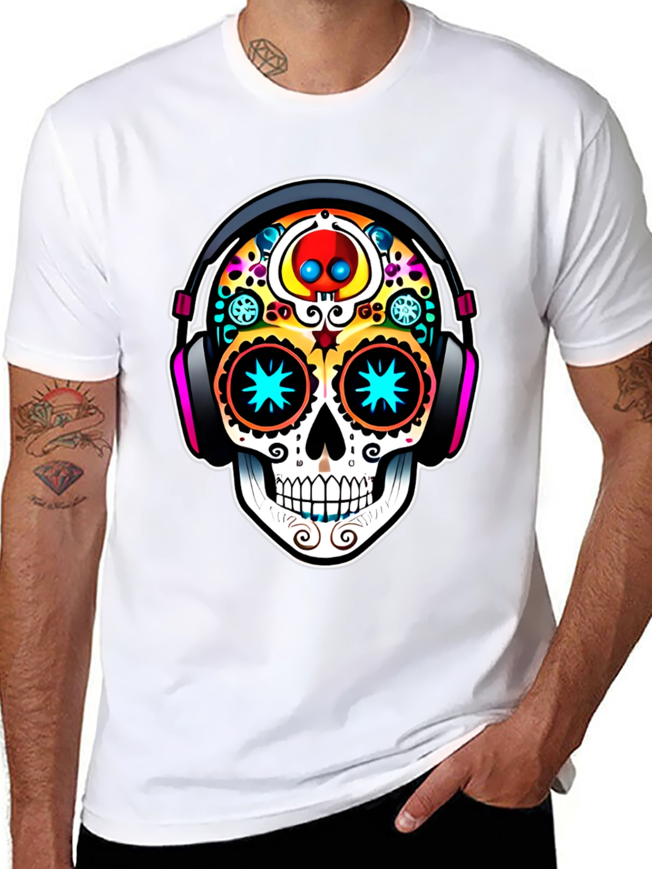Black Skull DJ Black T-Shirt - Day of the Dead Style view 8