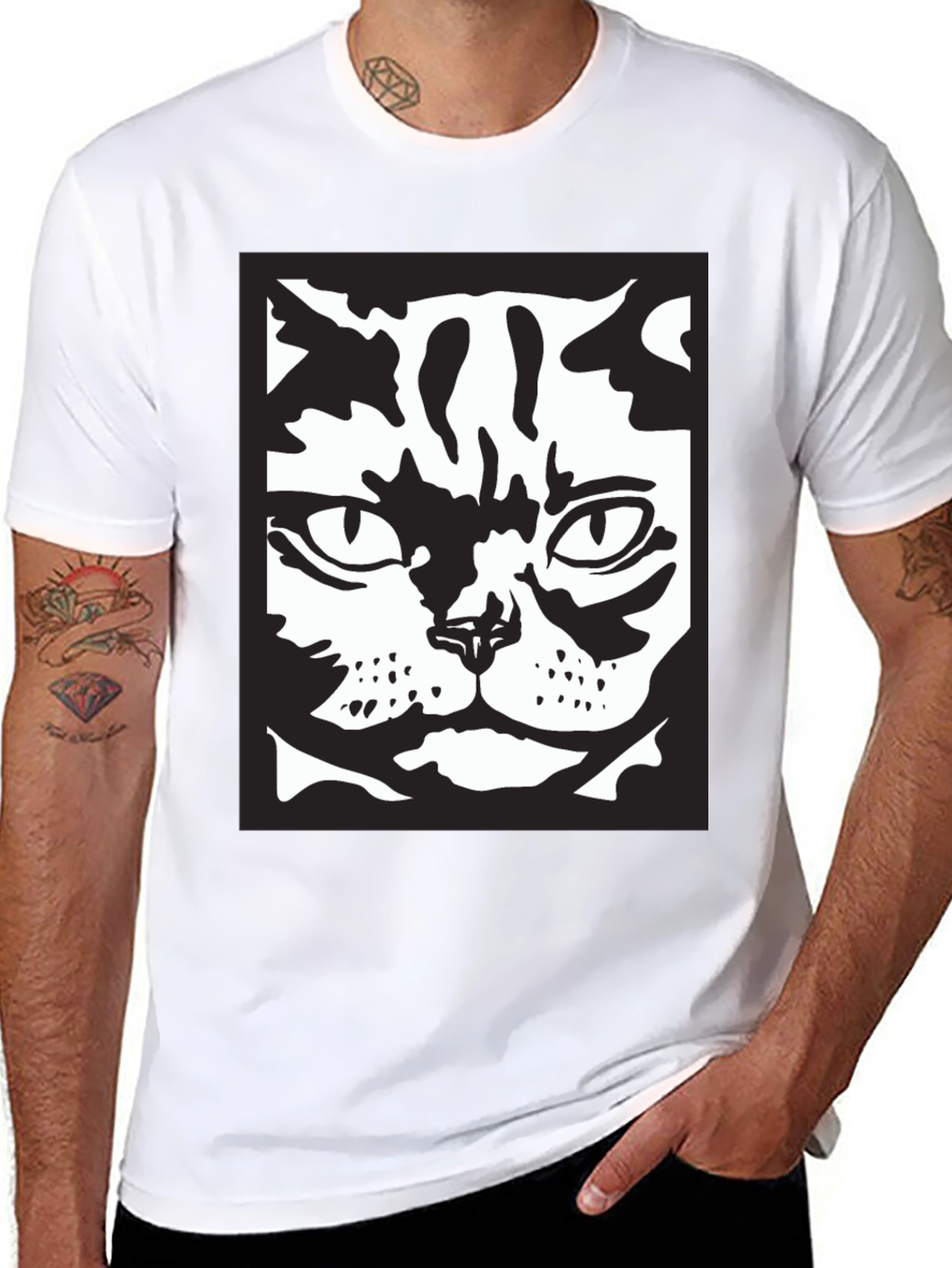 Black Cool Cat Face Graphic Black T-Shirt view 8