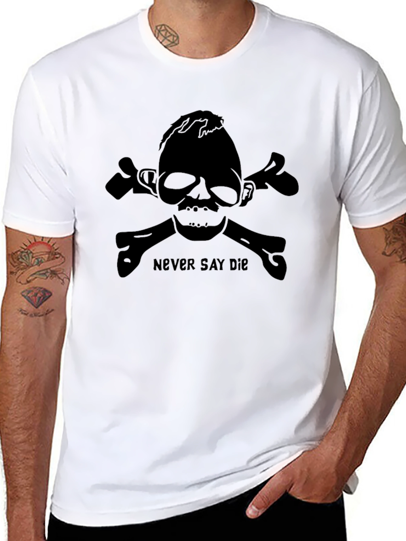 Black Never Say Die Skull & Crossbones Graphic T-Shirt view 8