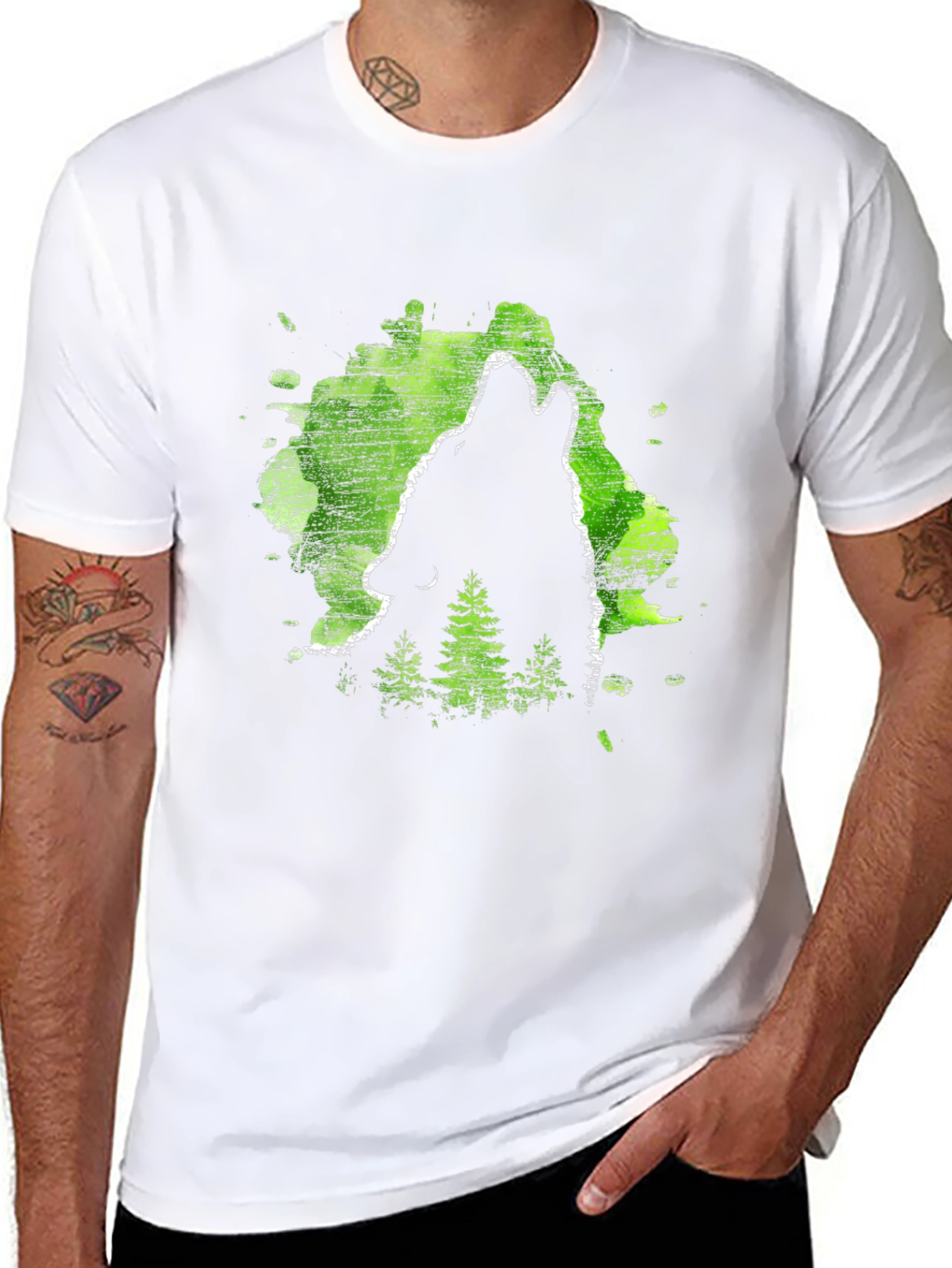 Black Wolf Howl Black T-Shirt, Green Forest Design view 8