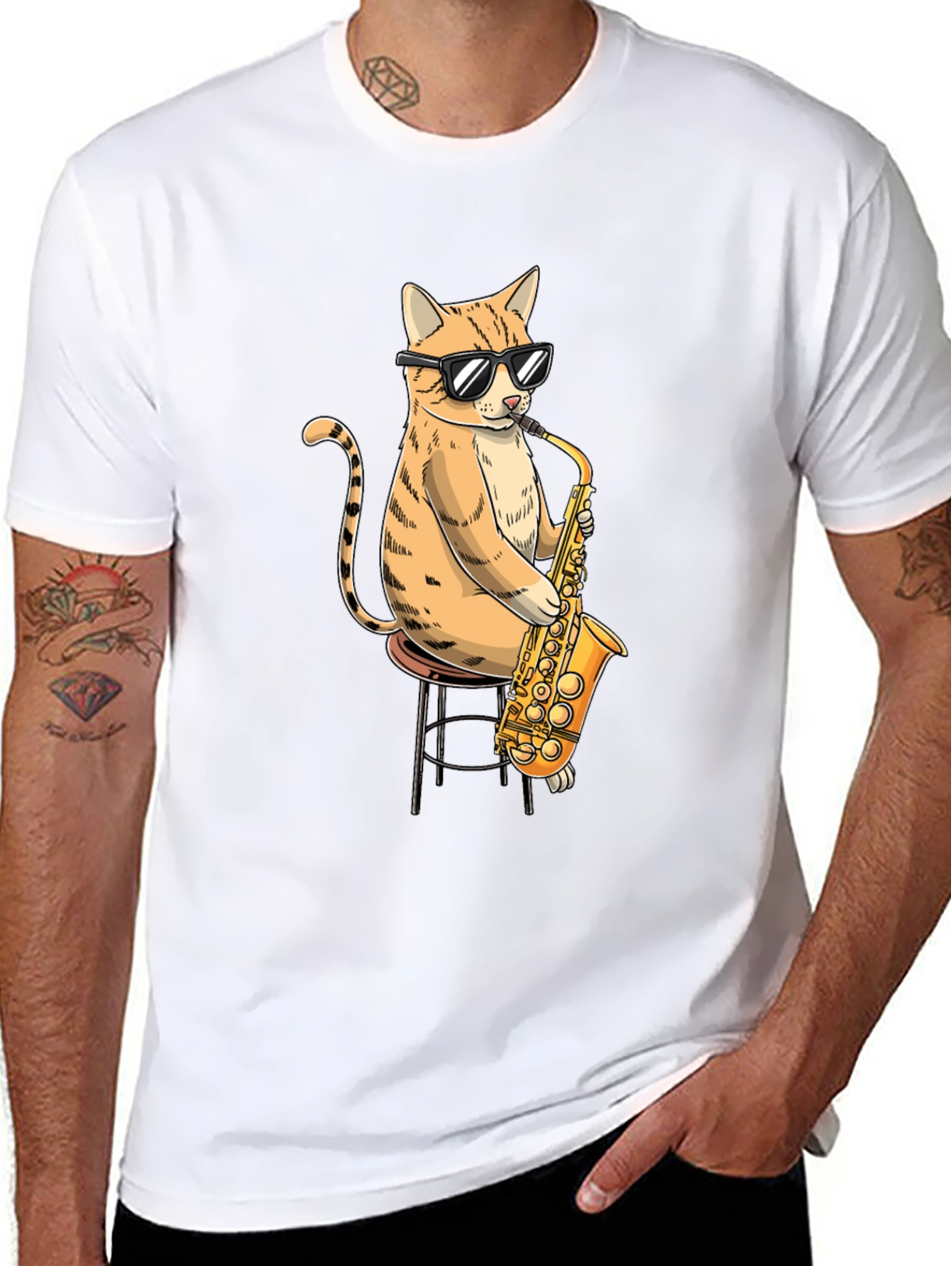 Black Cool Cat Saxophone Graphic T-Shirt view 8