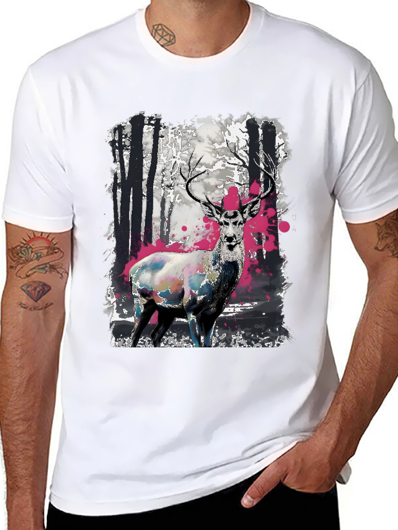 Black Deer in Forest Graphic Print Black T-Shirt view 8