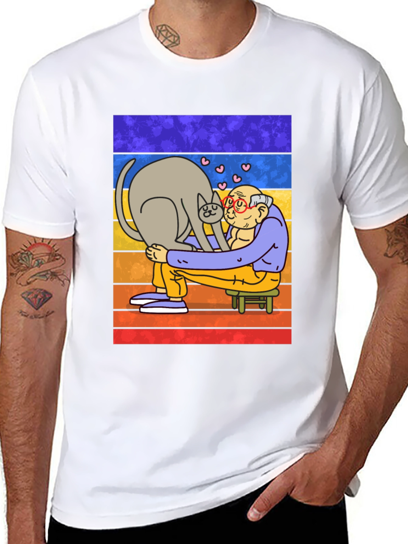 Black Cat Lover T-Shirt - Cartoon Grandpa Hugging Cat view 8