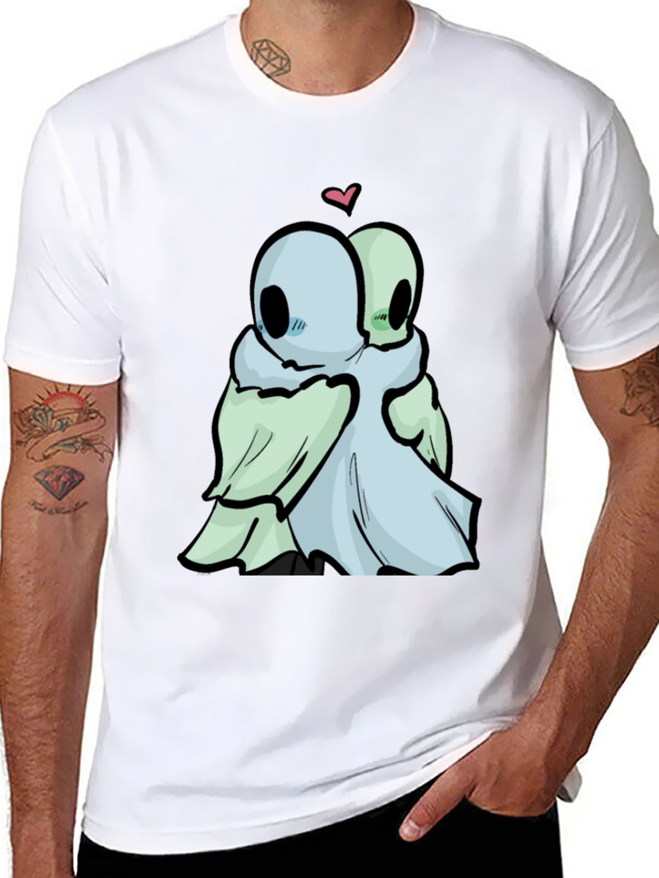 Black Cute Ghost Hug T-Shirt - Black Cotton Tee view 8