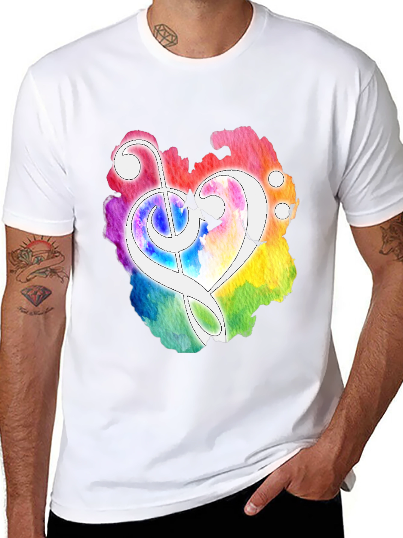 Black Watercolor Heart Treble Clef Black T-Shirt view 8
