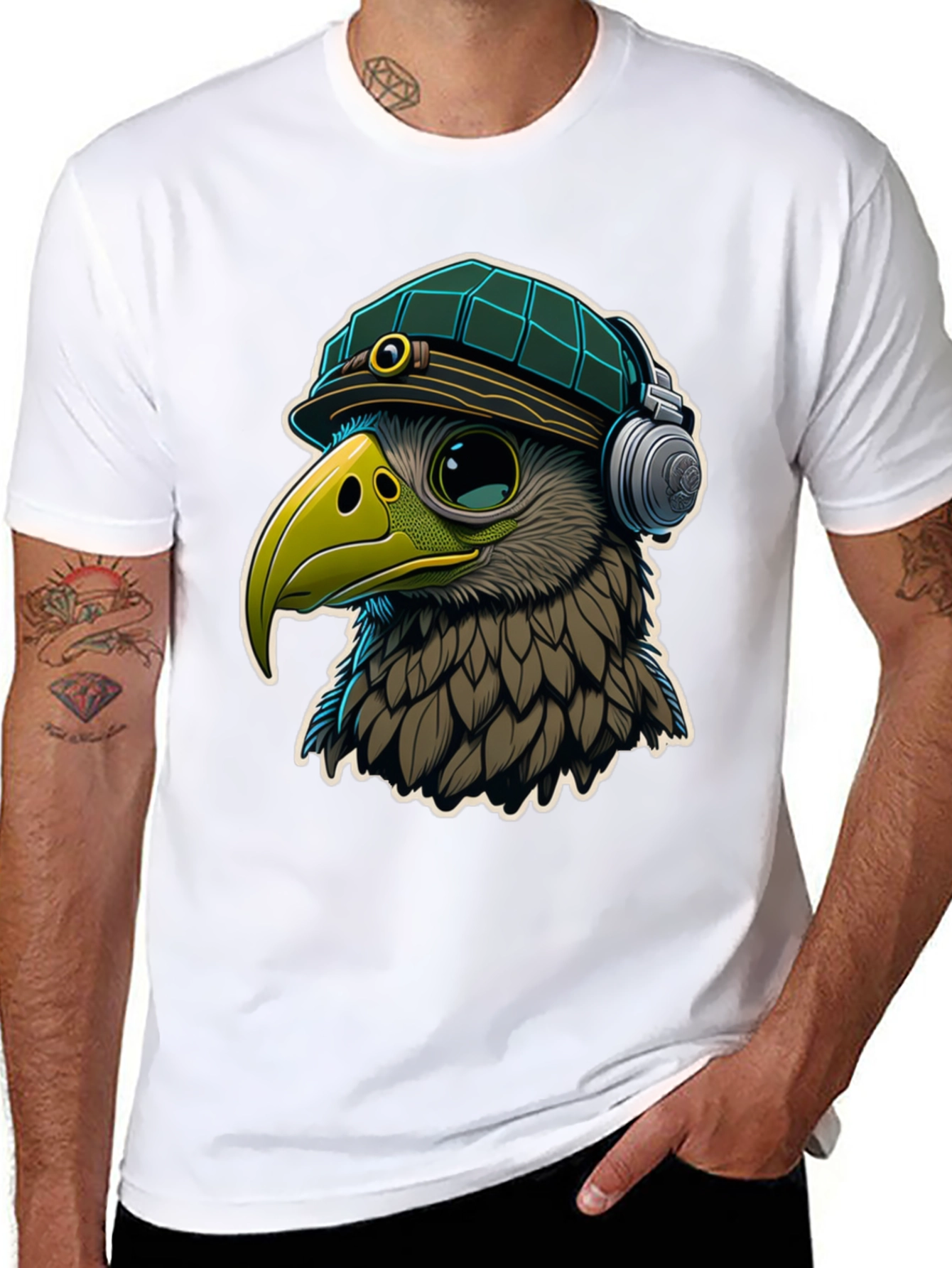 Black Cool Bird in Hat & Headphones Graphic Tee view 8