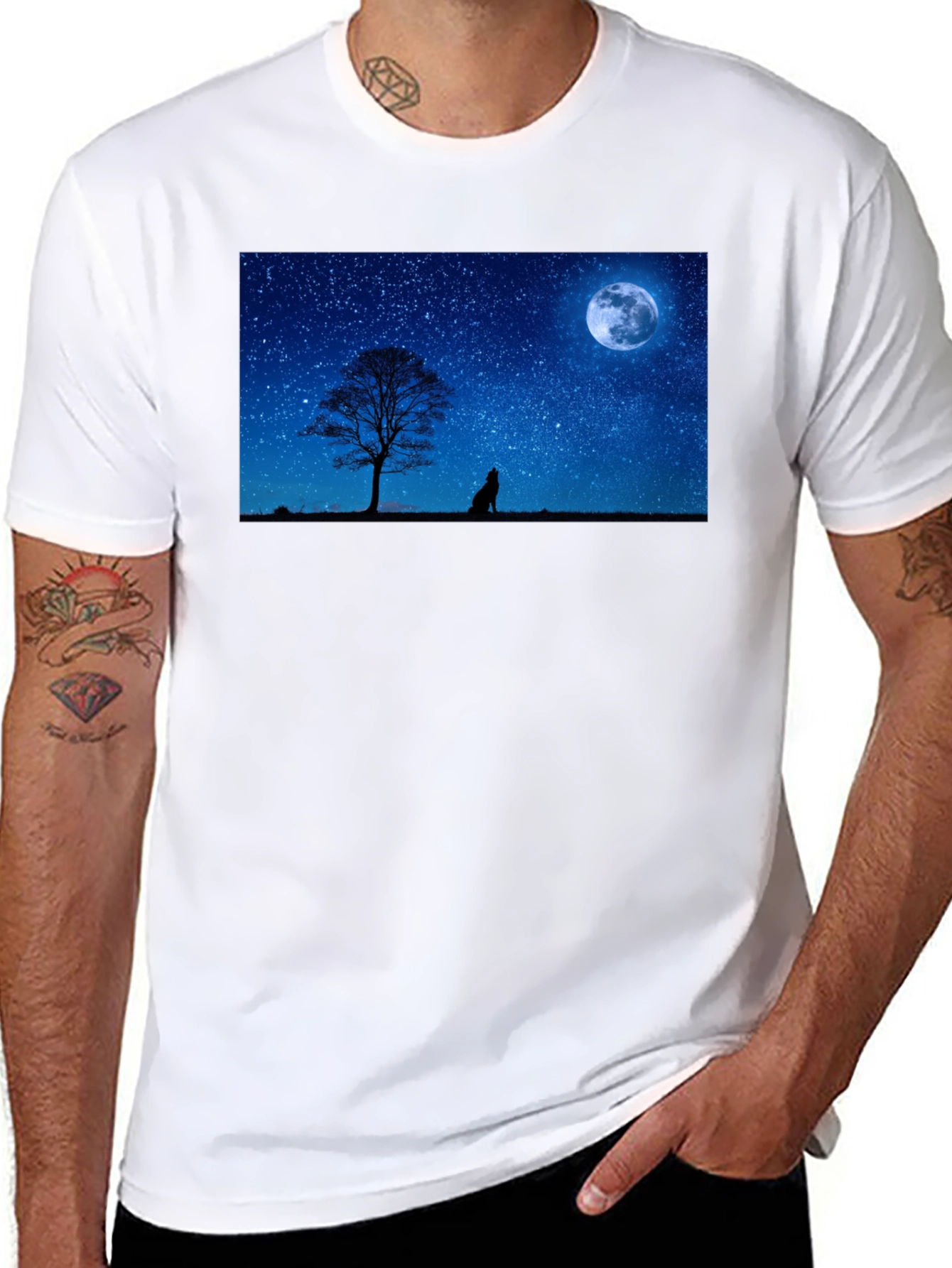 Black Wolf Howling at Moon T-Shirt - Night Sky Tee view 8