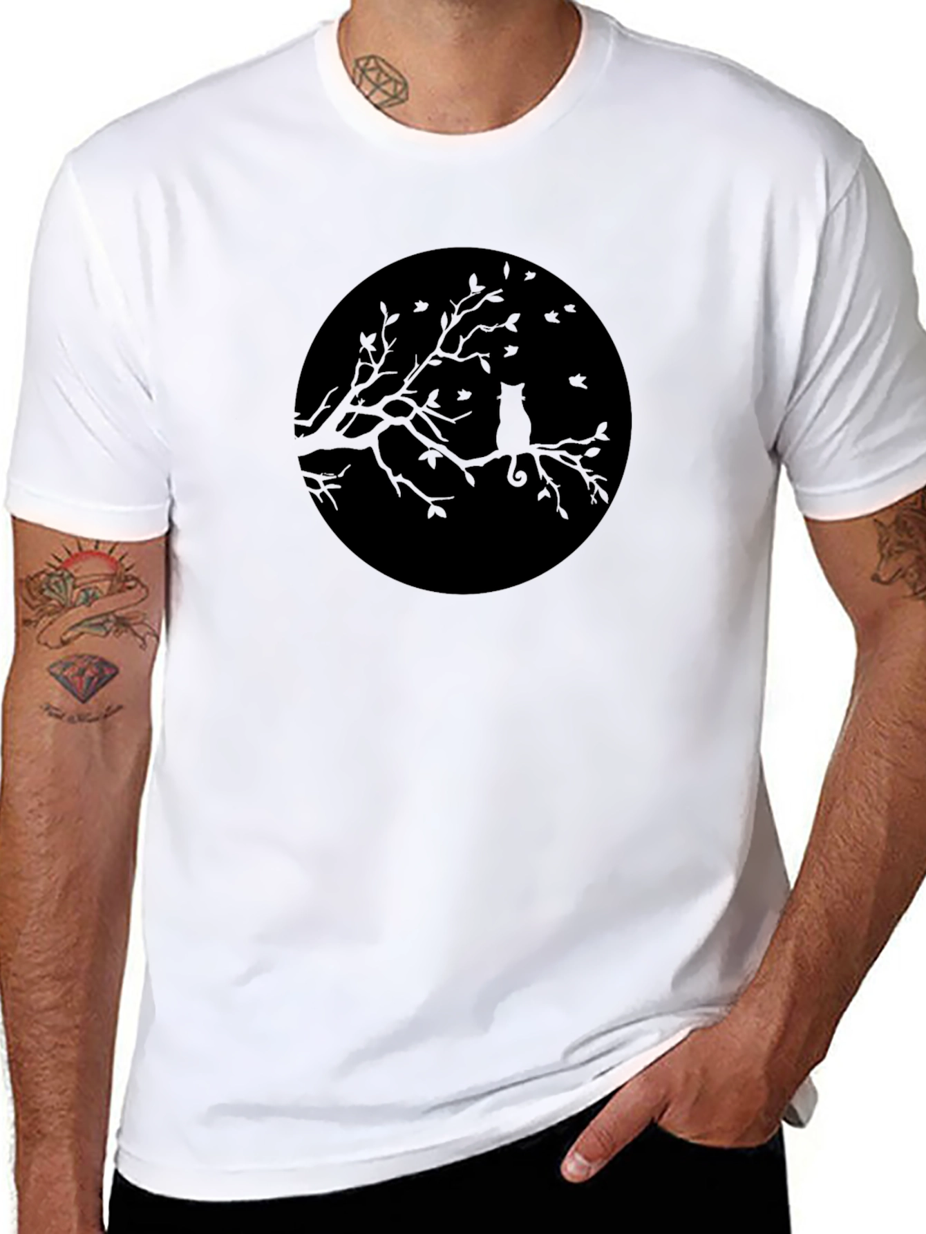 Black Men's Black Cat Silhouette Tree Graphic Tee view 8