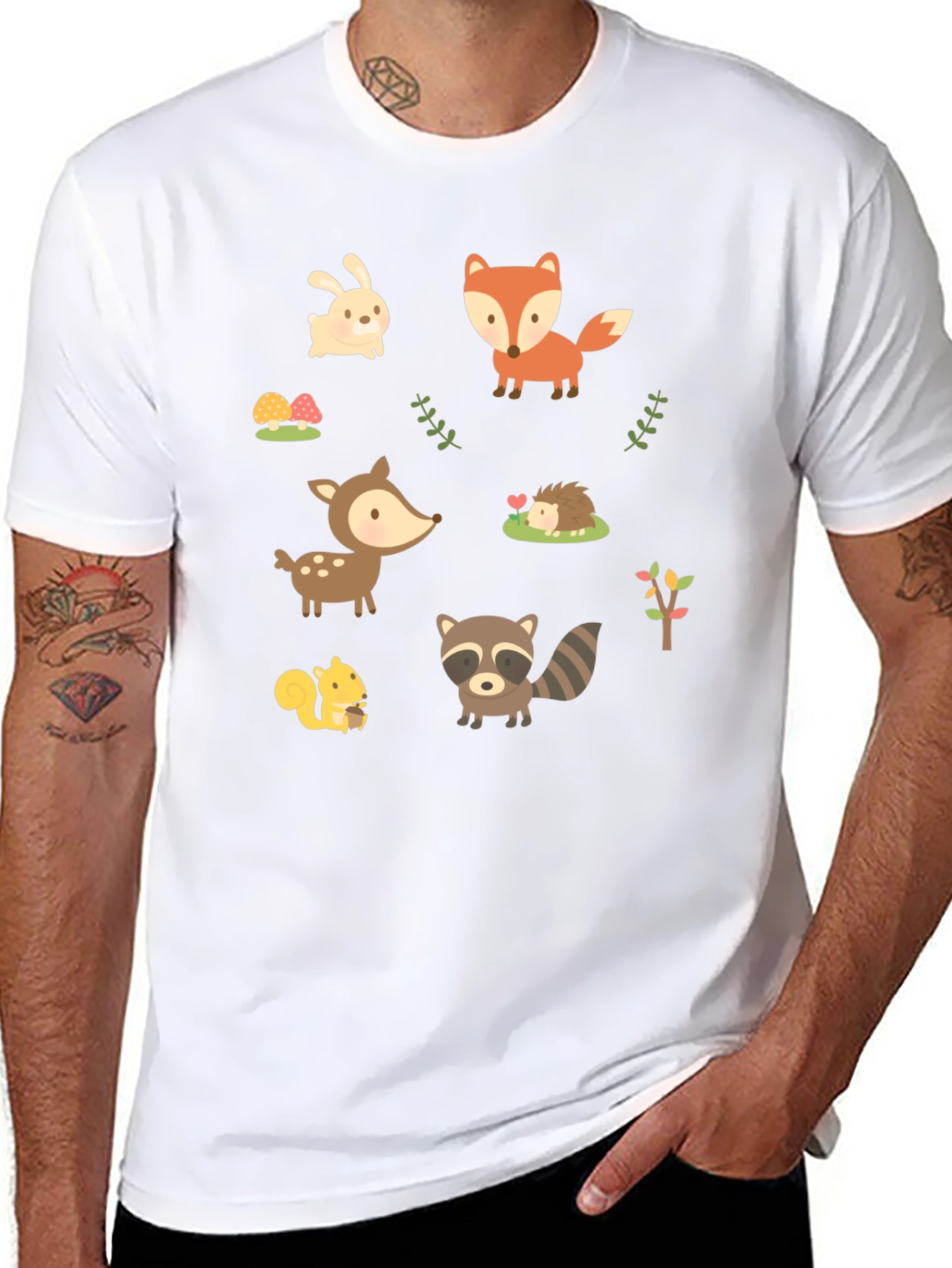 Black Cute Woodland Animal Print Black T-Shirt view 8