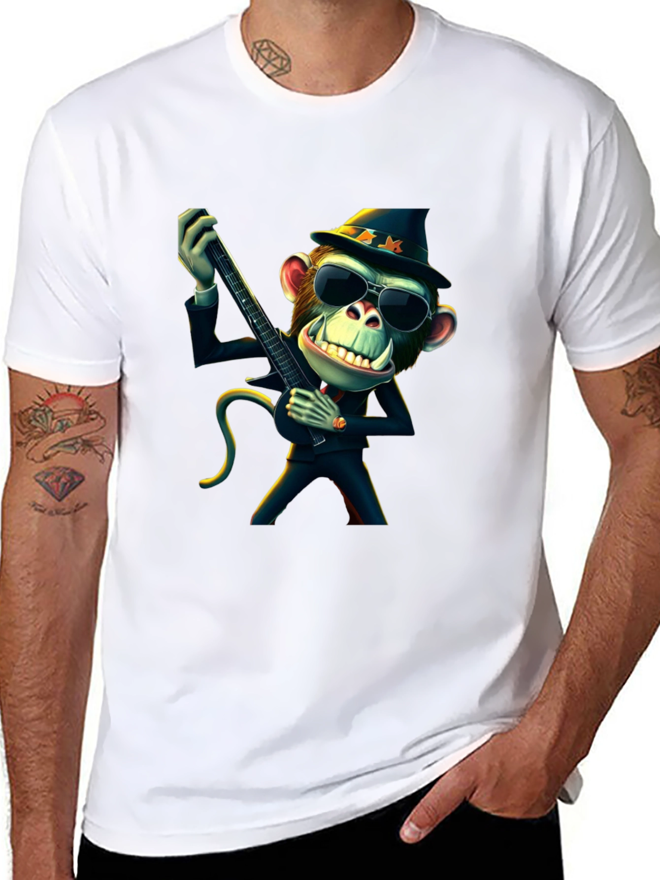 Black Cool Monkey Guitarist Black T-Shirt view 8