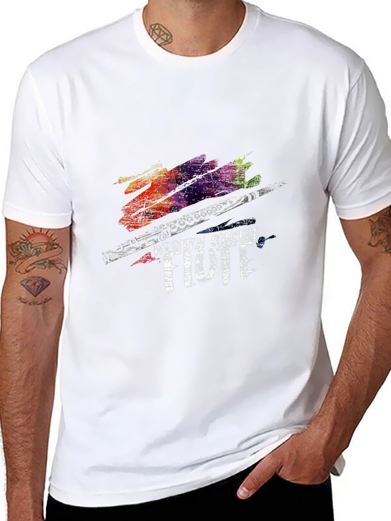 Black Western Concert Flute T-Shirt - Colorful Music Tee view 8