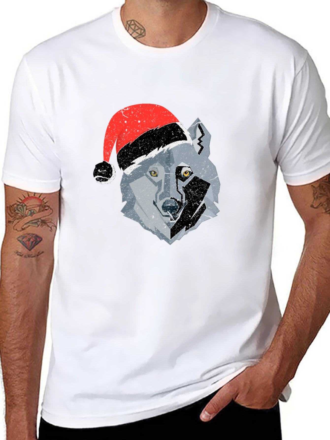 Black Wolf Santa Hat Graphic Tee view 8