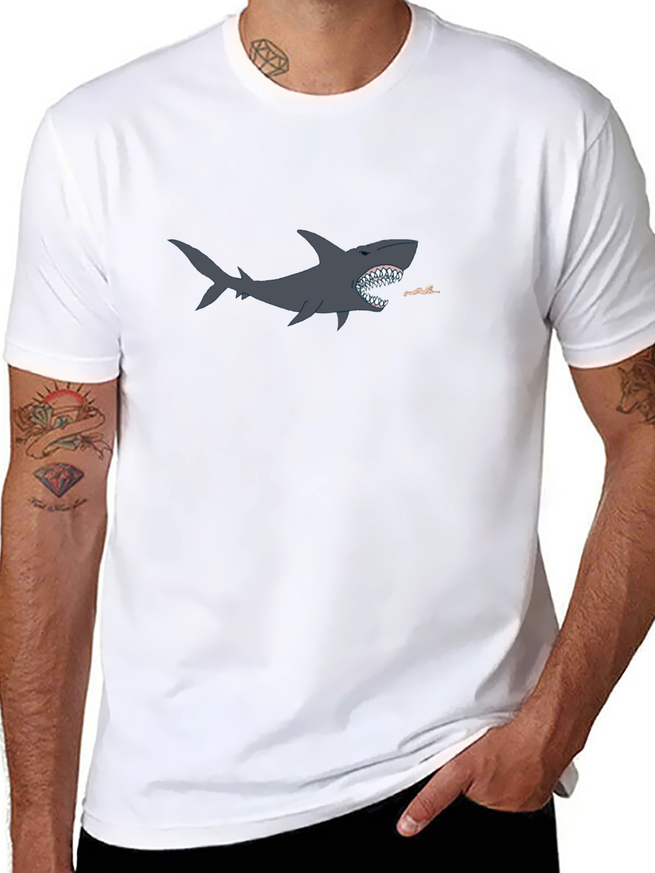 Black Shark Attack Graphic T-Shirt - Black, Cotton Blend view 8