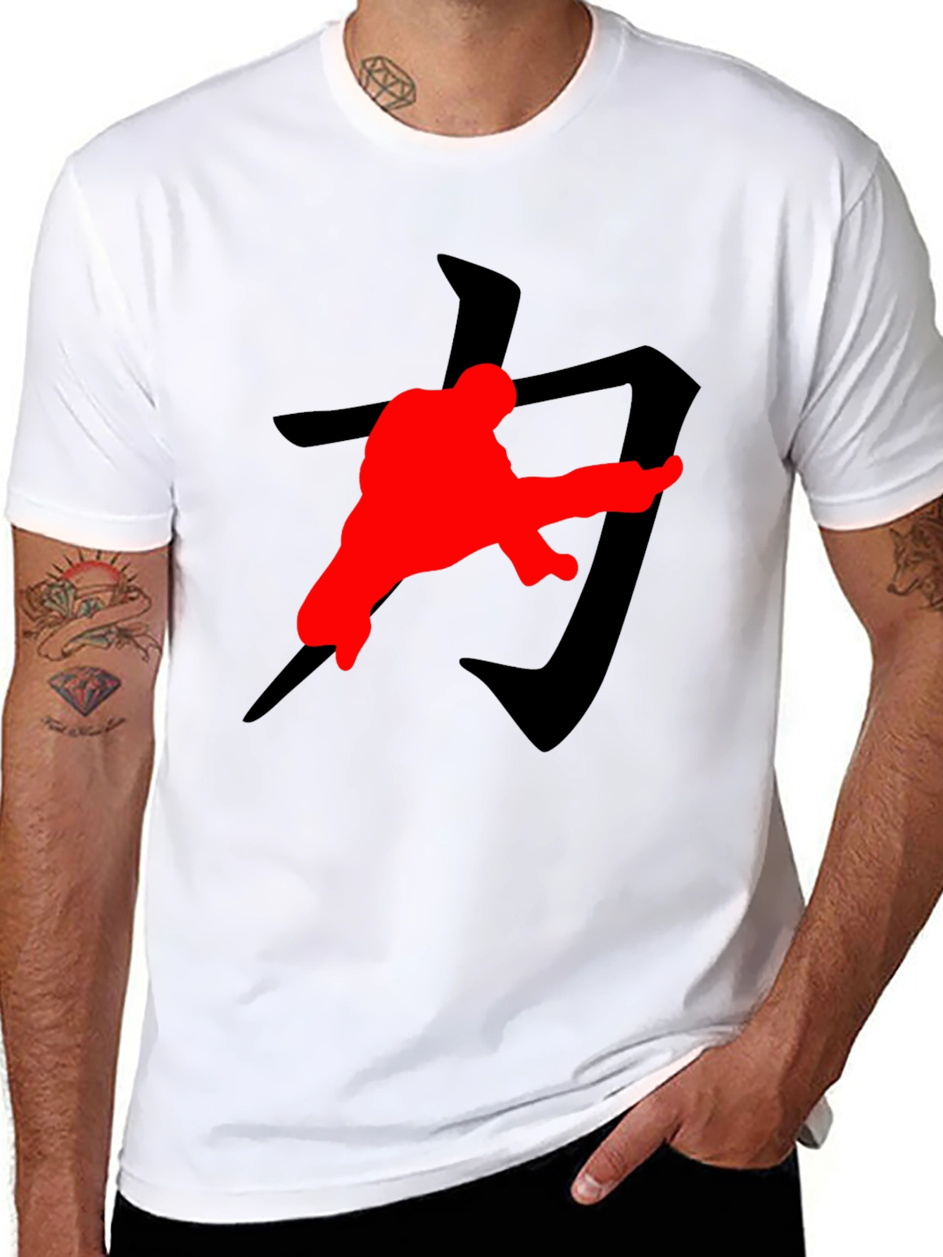 Black Karate Kick T-Shirt: Black with Red Graphic Print view 8