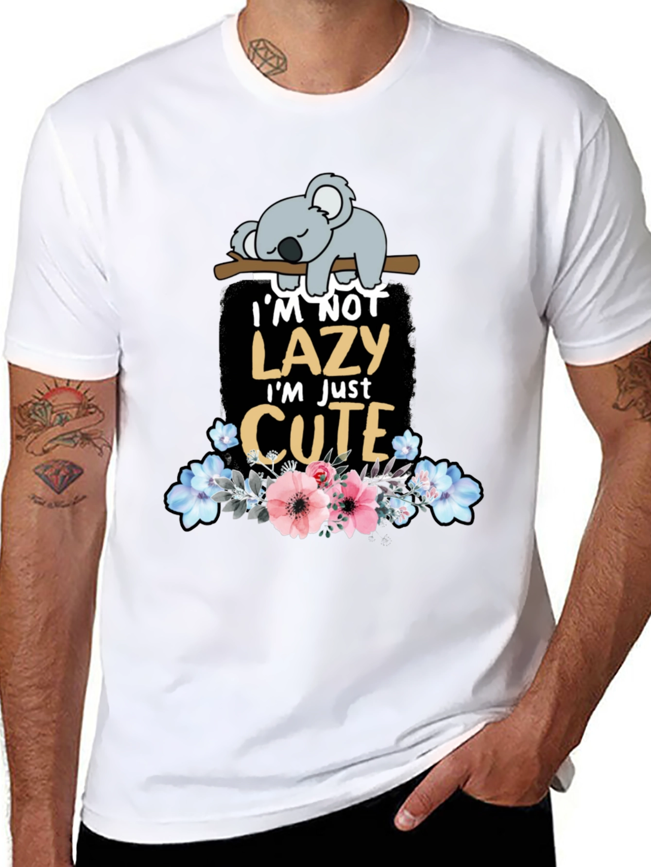 Black Lazy Koala T-Shirt: Cute Floral Design view 8