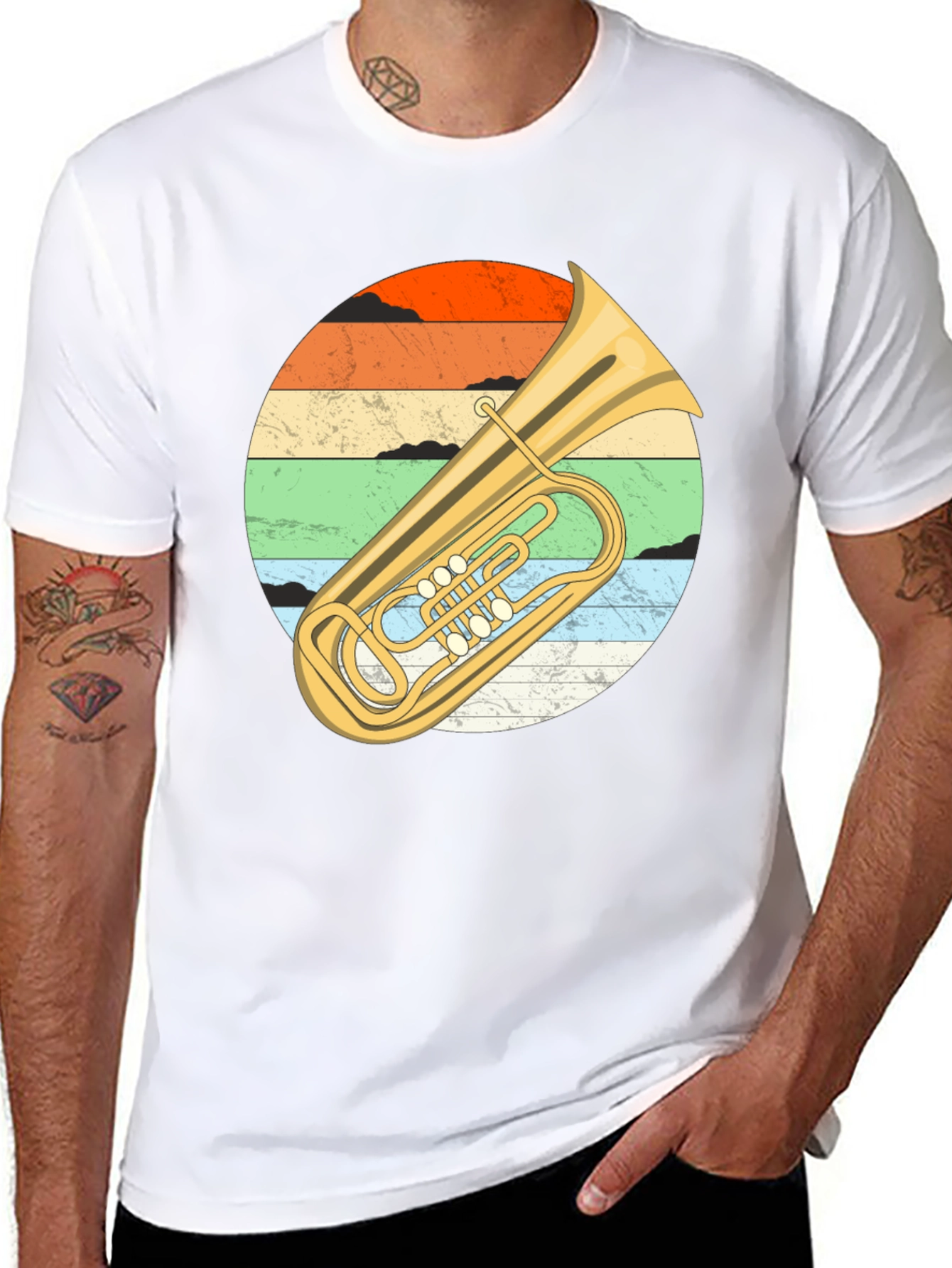 Black Vintage Tuba Sunset Graphic Tee - Musician's Black T-Shirt view 8