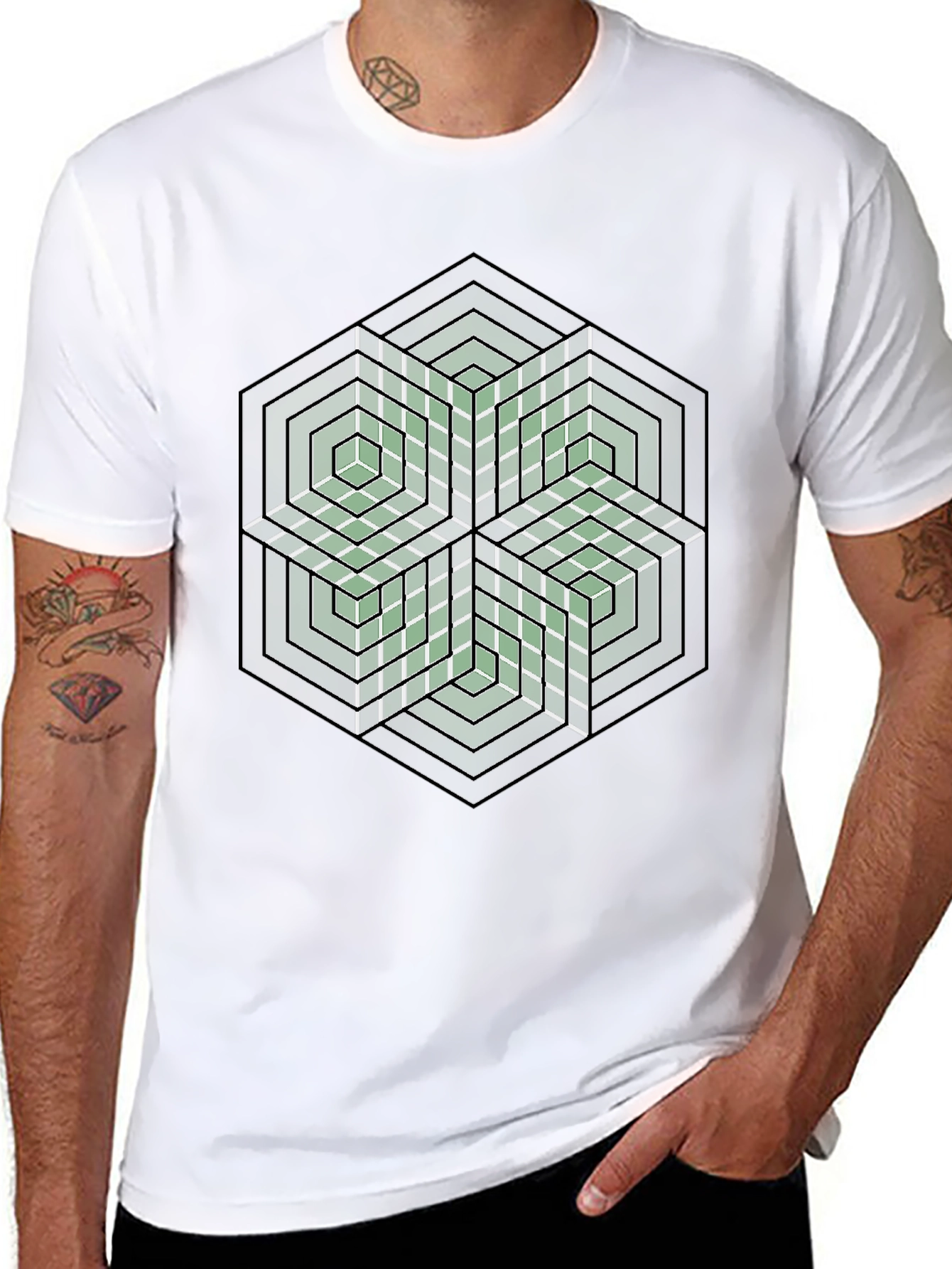 Black Geometric Hexagon Illusion Graphic Tee - Black view 8
