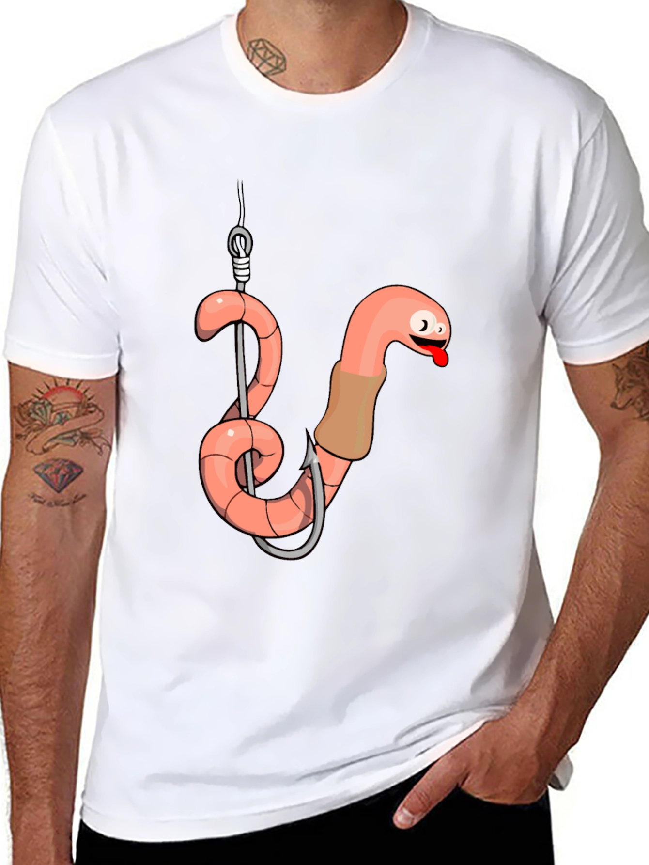 Black Funny Worm on Hook Black T-Shirt view 8