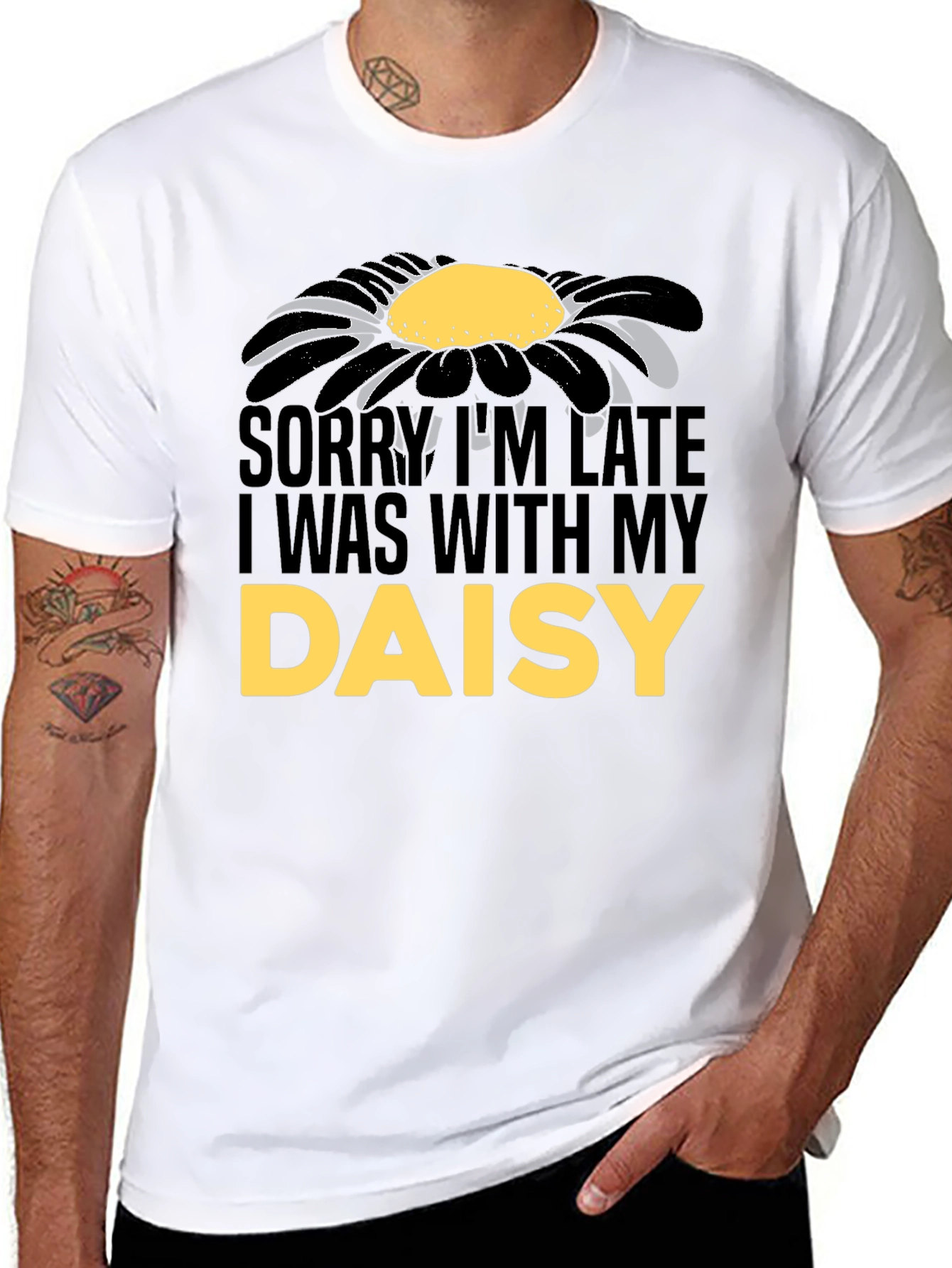 Black Daisy Graphic Men's T-Shirt - Sorry I'm Late view 8