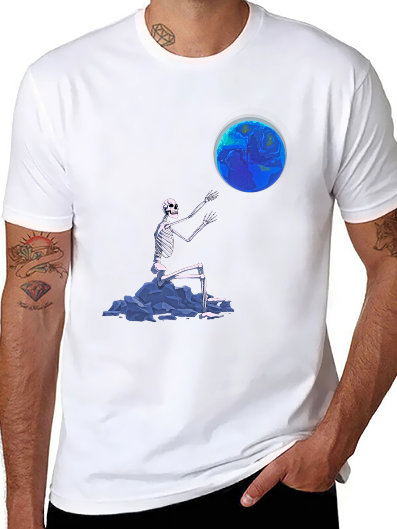 Black Skeleton Touching Earth Graphic Tee - Black view 8