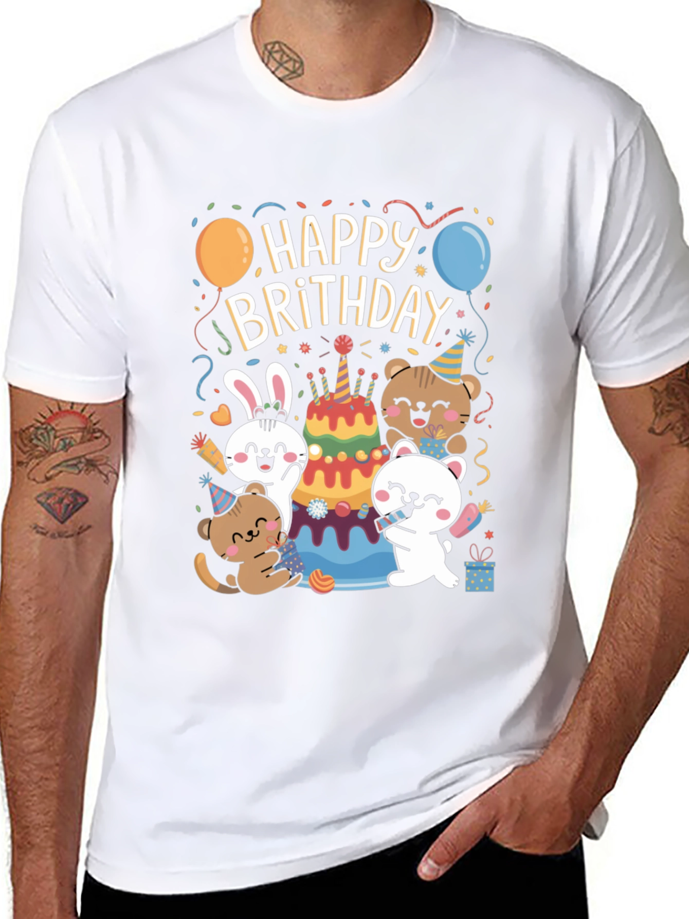 Black Happy Brithday T-Shirt With Cute Animal Graphics view 8