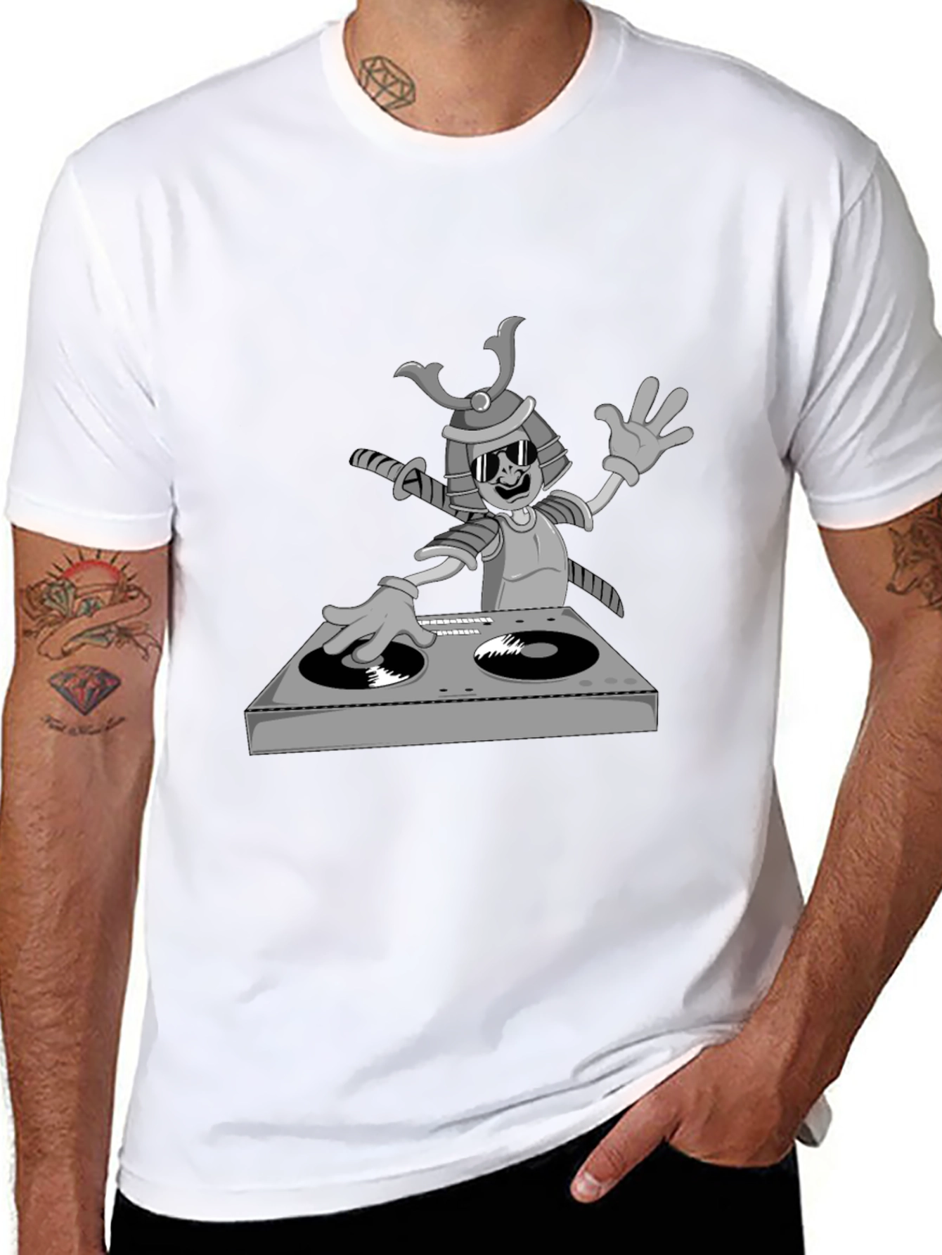 Black DJ Samurai T-Shirt - Cool Cartoon Graphic Tee view 8