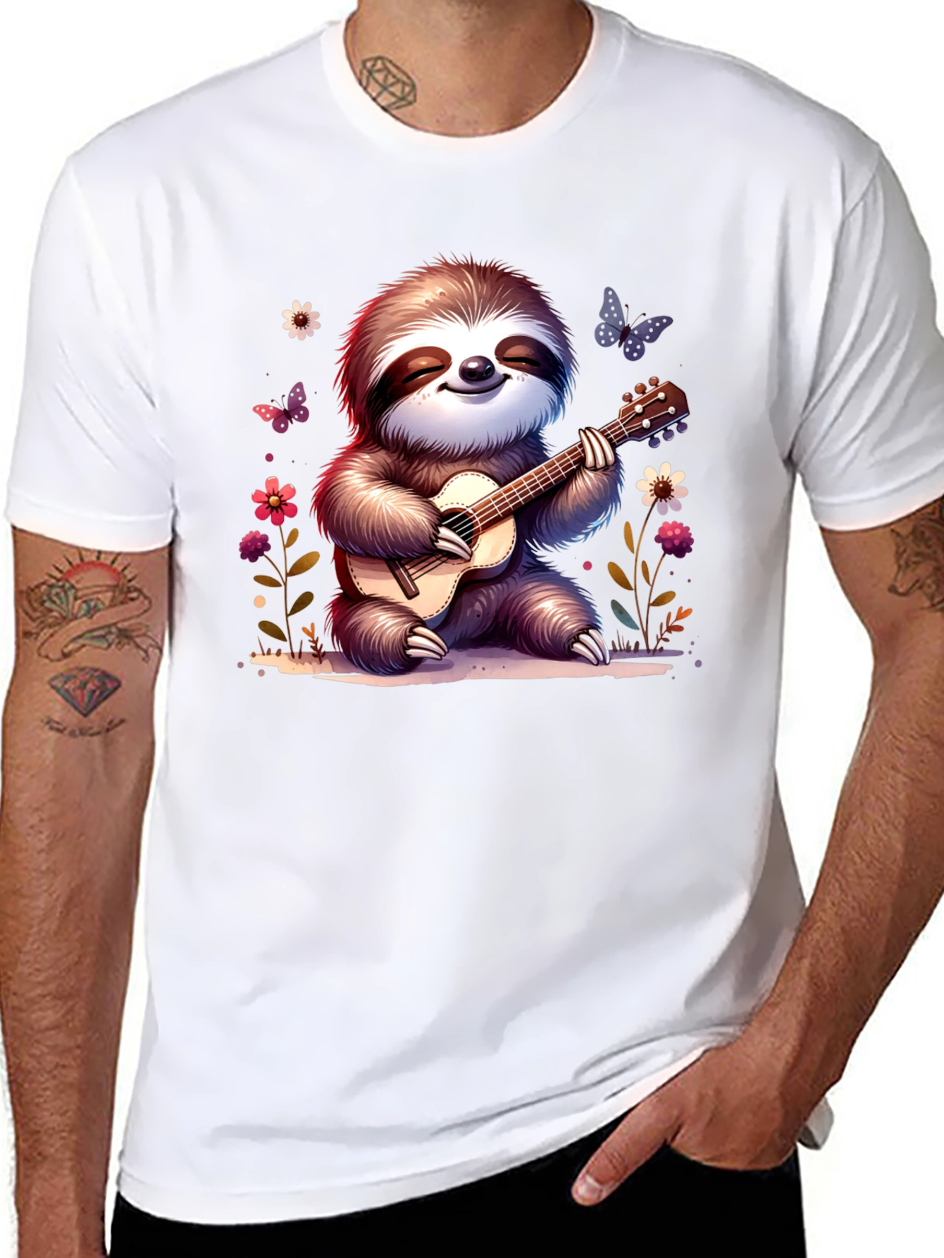 Black Cute Sloth Guitarist Graphic T-Shirt view 8
