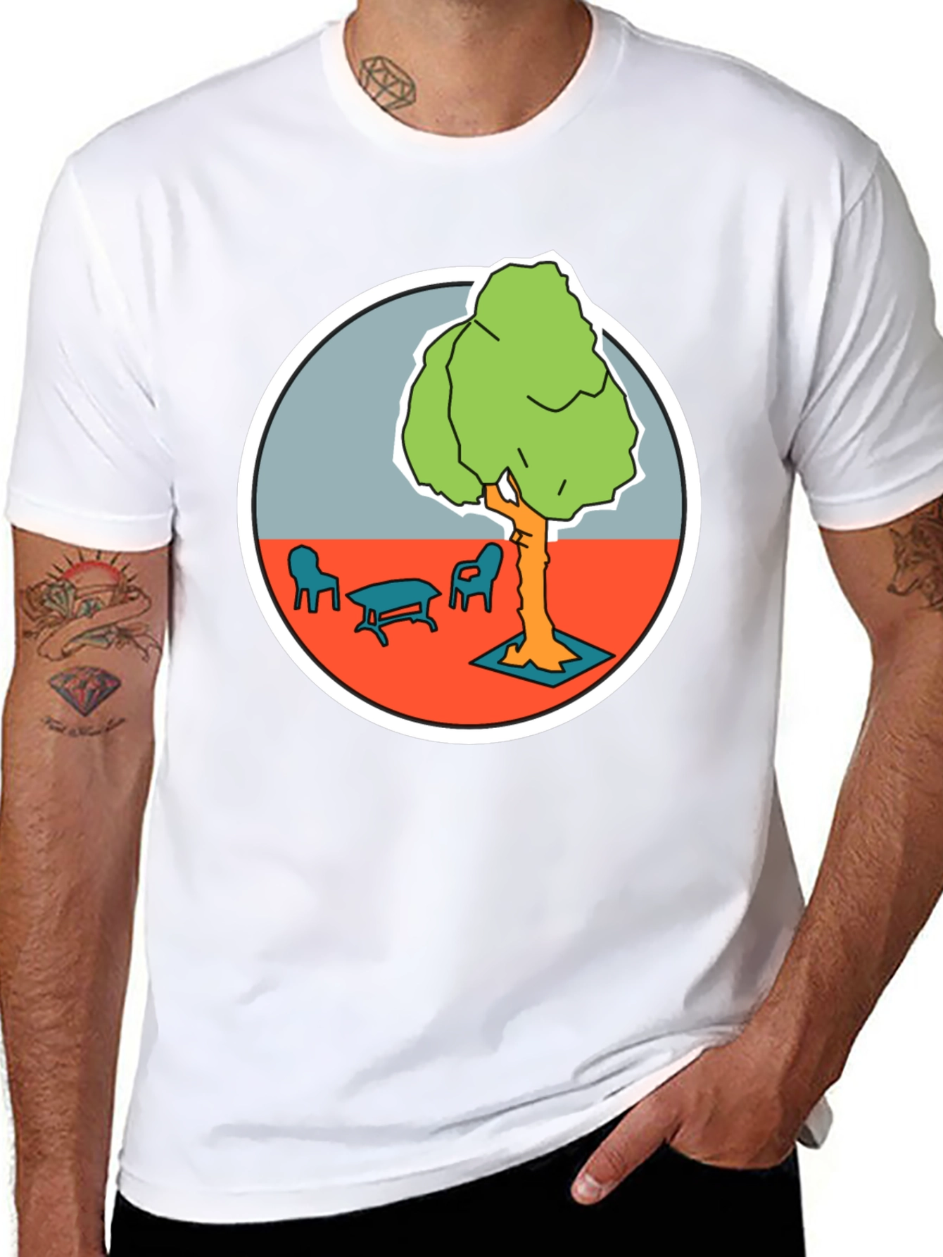 Black Black T-Shirt with Cartoon Tree Print view 8