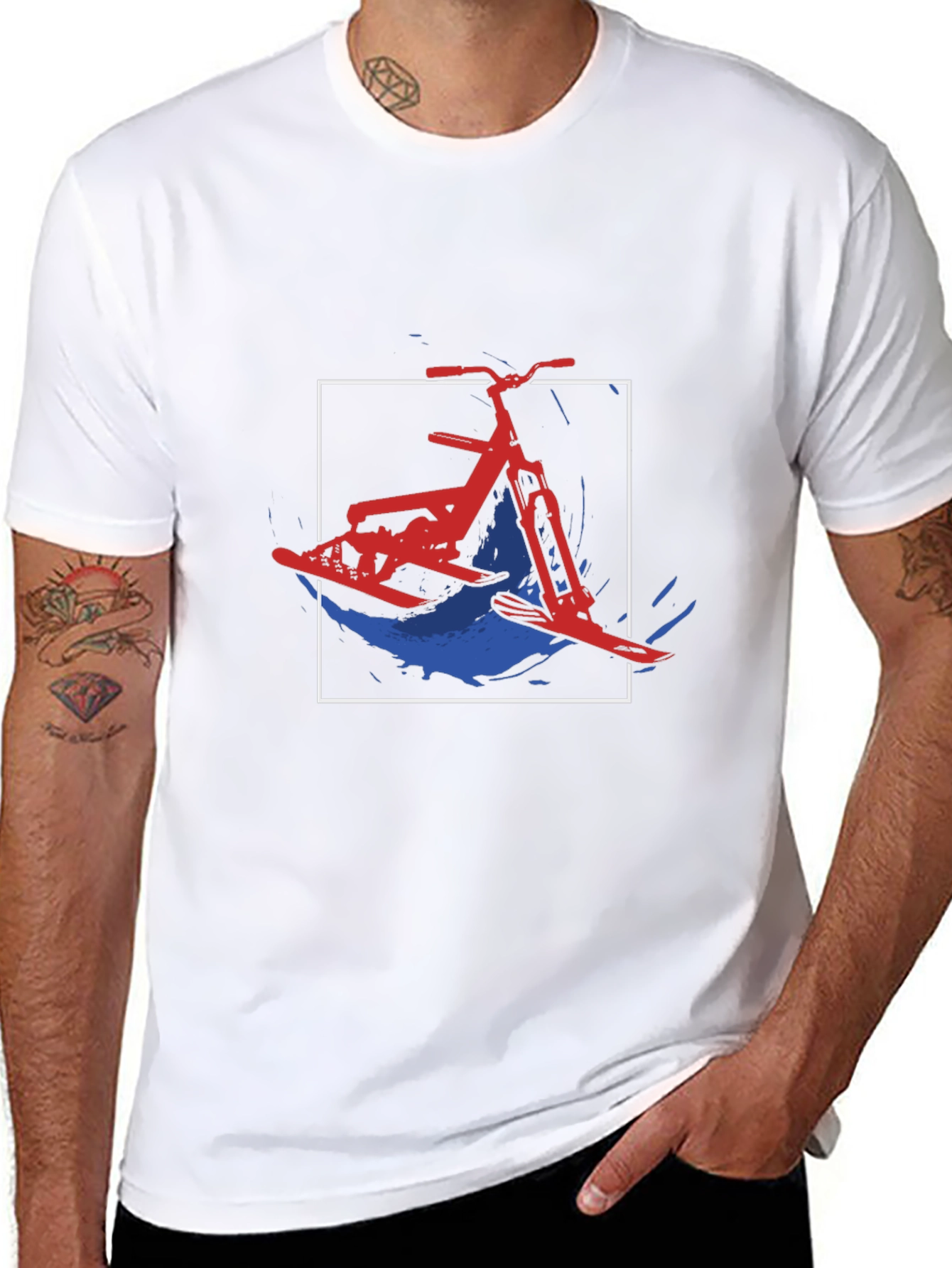 Black Snow Bike T-Shirt: Red, White and Blue Design view 8