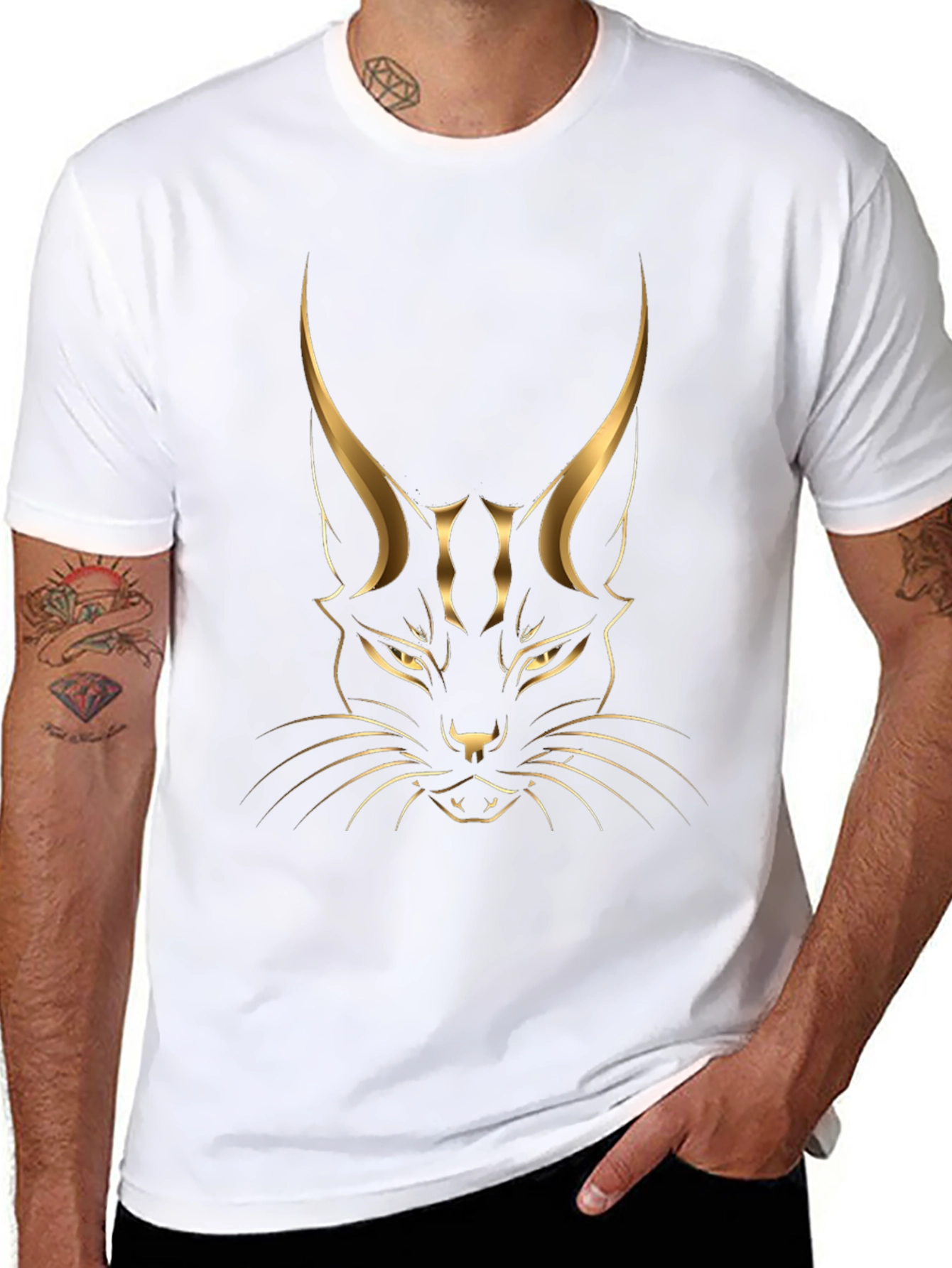 Black Black T-shirt with Golden Cat Graphic view 8
