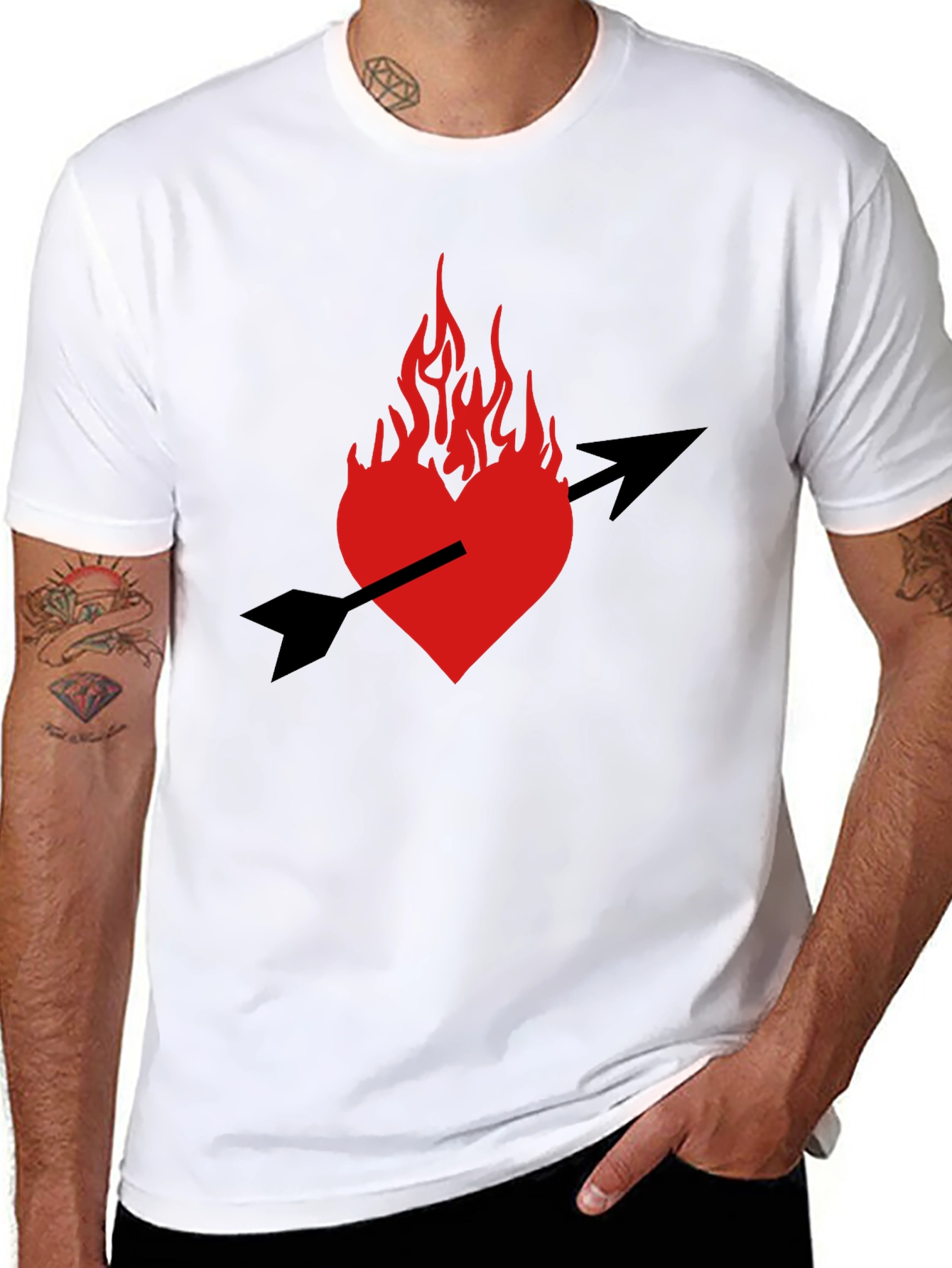 Black Burning Heart Arrow Graphic Black T-Shirt view 8