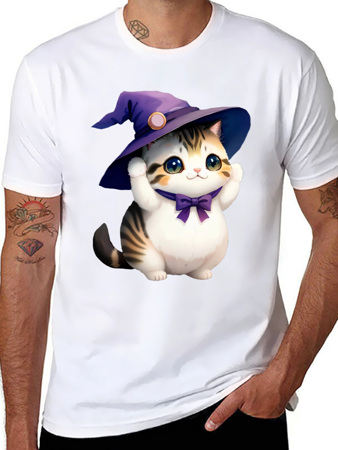 Black Cute Cat in Witch Hat Graphic Tee - Black view 8