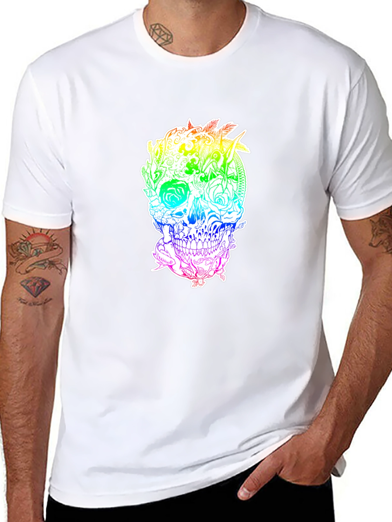 Black Rainbow Floral Skull Graphic Tee view 8