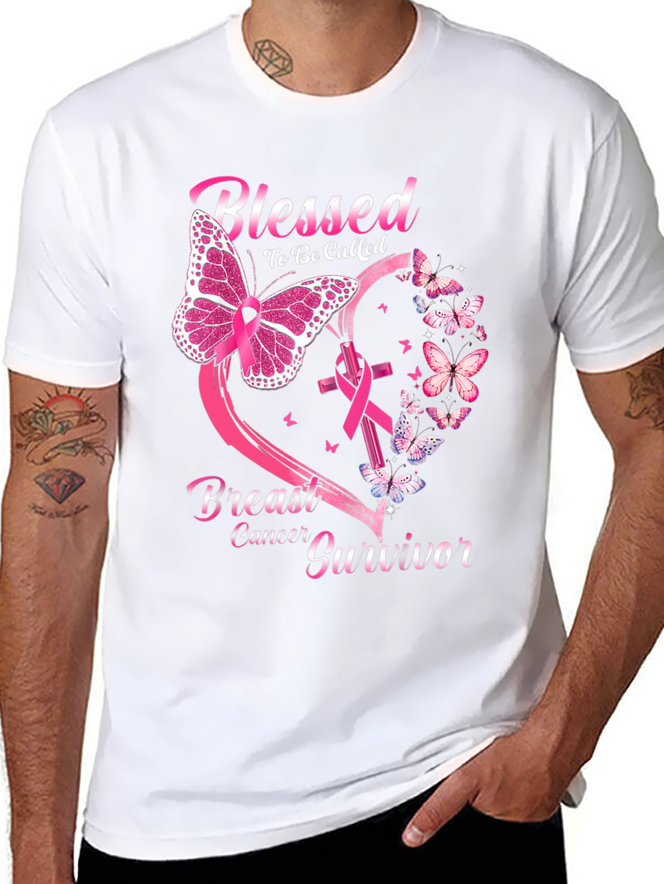 Black Breast Cancer Survivor Butterfly T-Shirt view 8