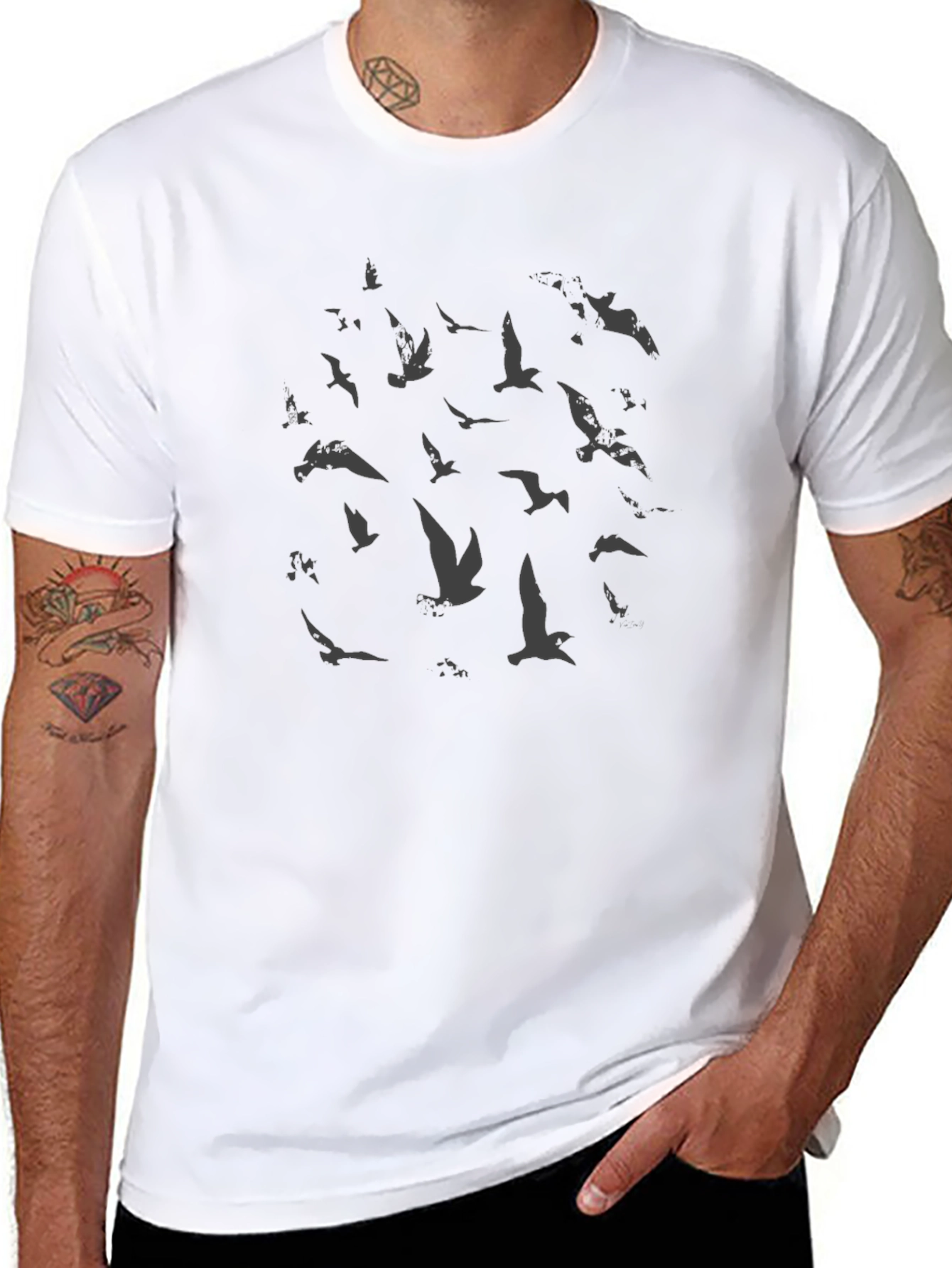 Black Flock of Birds Graphic Print Black T-Shirt view 8