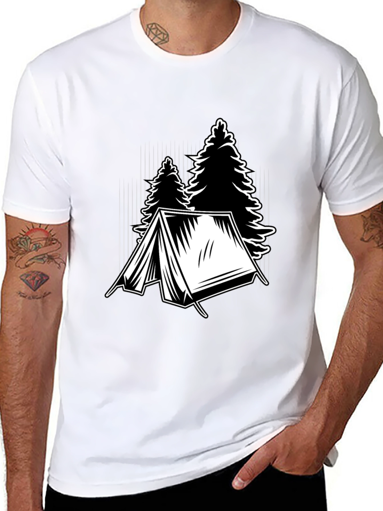 Black Camping Tent and Trees Graphic Tee - Black view 8