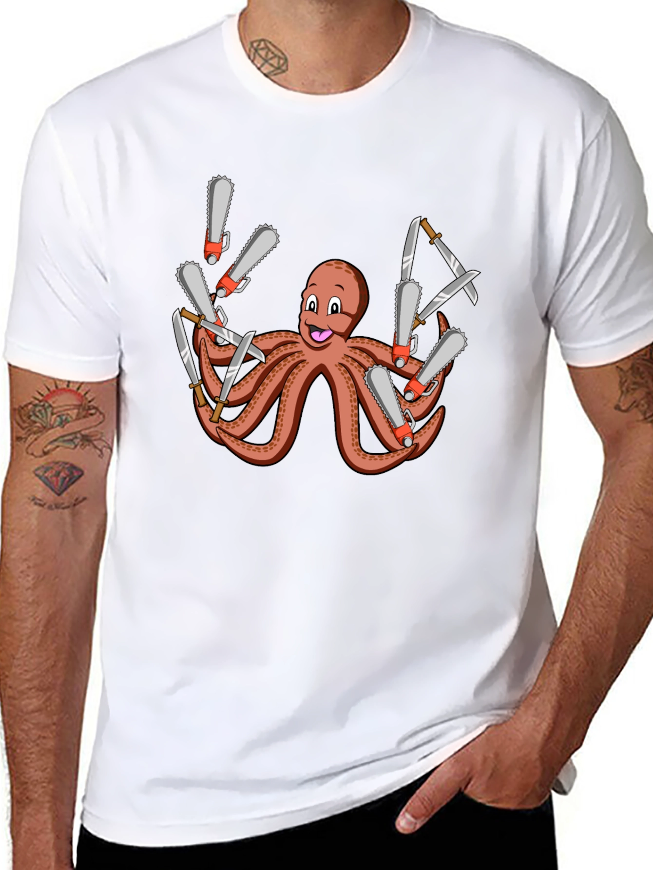 Black Octopus Chainsaw & Knife T-Shirt - Men's Black Tee view 8