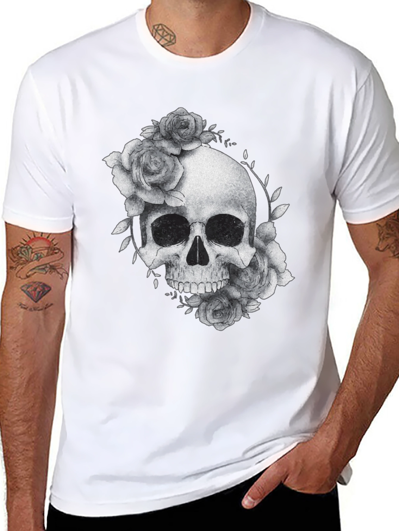 Black Skull & Roses Graphic Tee - Black Casual T-Shirt view 8