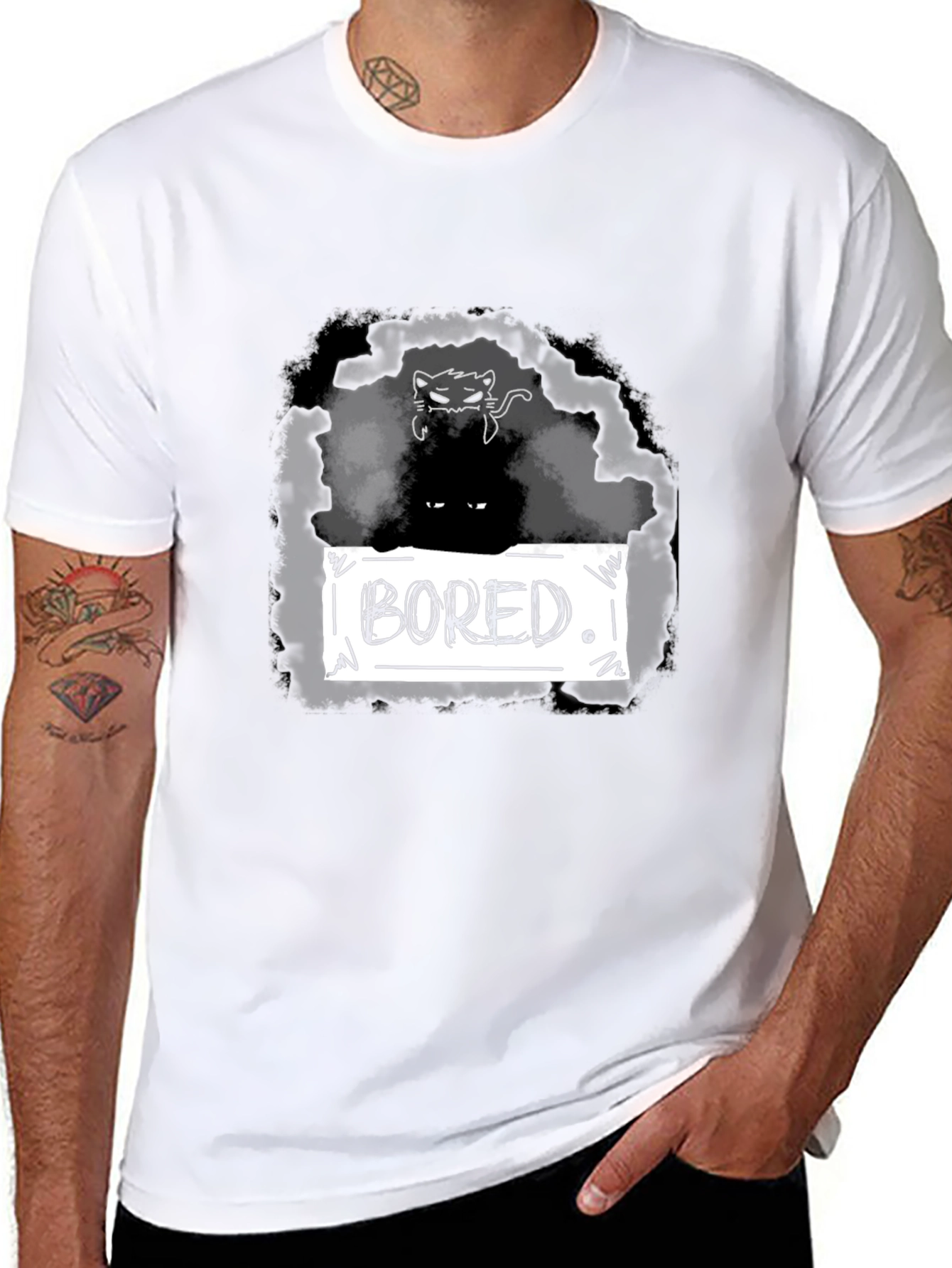 Black Bored Cat Graphic T-Shirt - Unisex Black Tee view 8