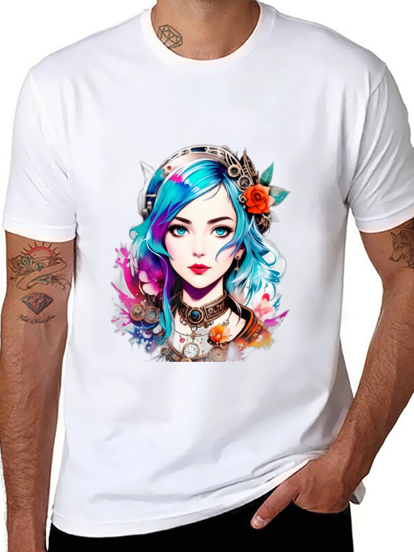 Black Steampunk Anime Girl Graphic Tee view 8